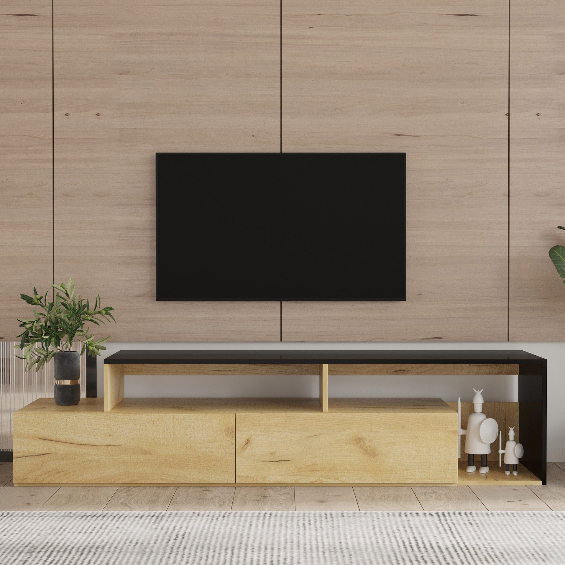 Living Room Furniture High and Low TV Cabinet (Black/Oak)