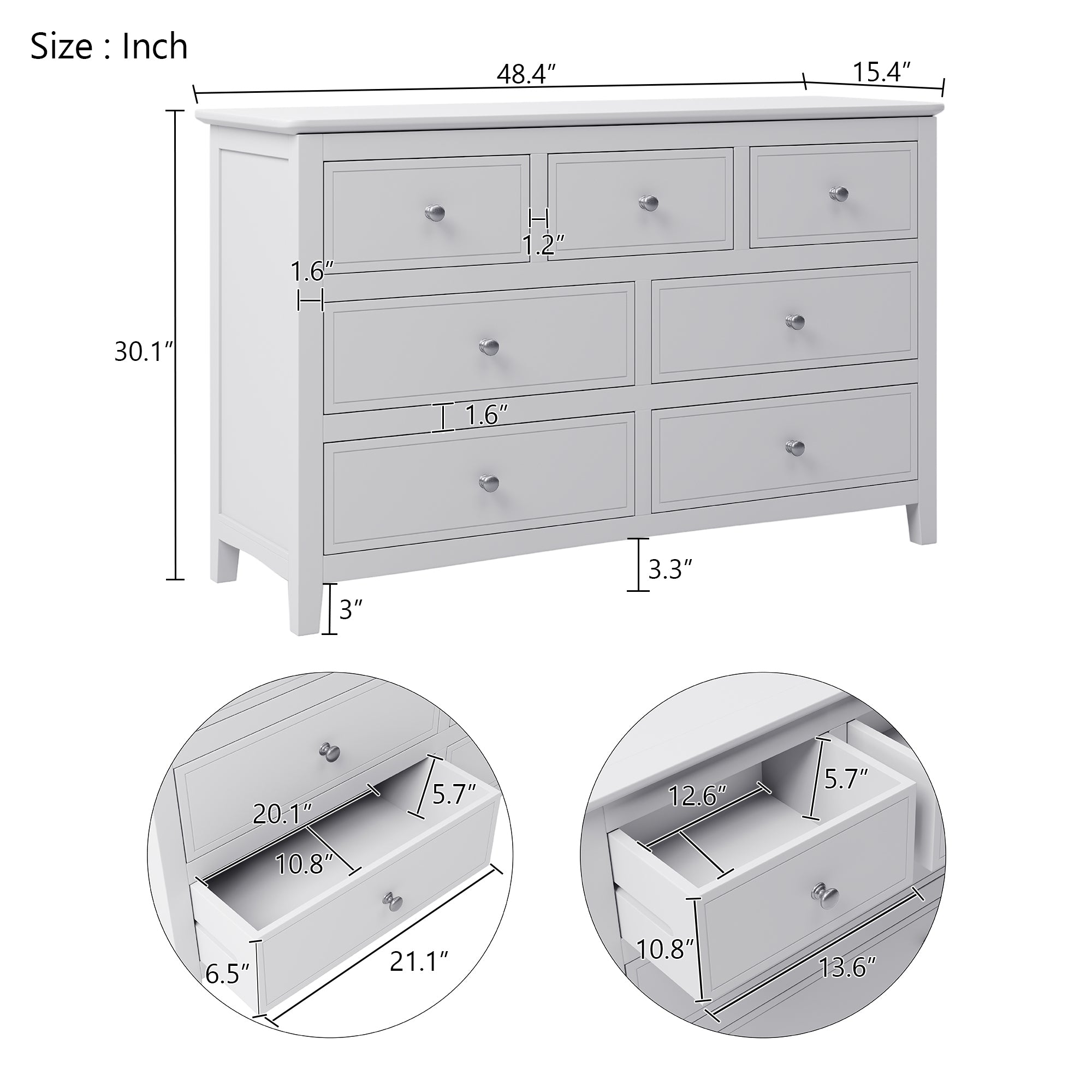 7 Drawers Solid Wood Dresser in (White)