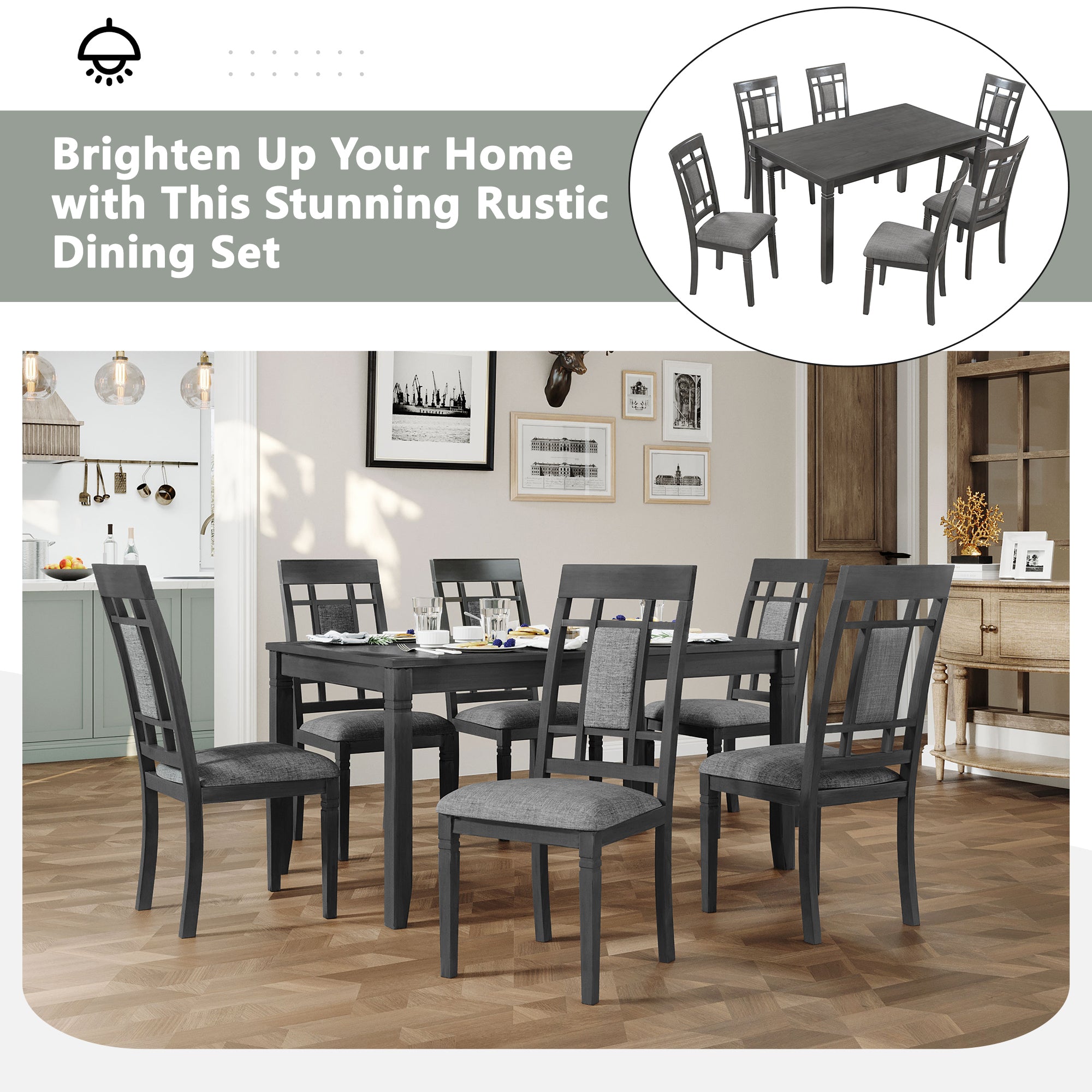 TOPMAX 7-Piece Farmhouse Rustic Wooden Dining Table Set Kitchen Furniture Set with 6 Padded Dining Chairs (Gray)