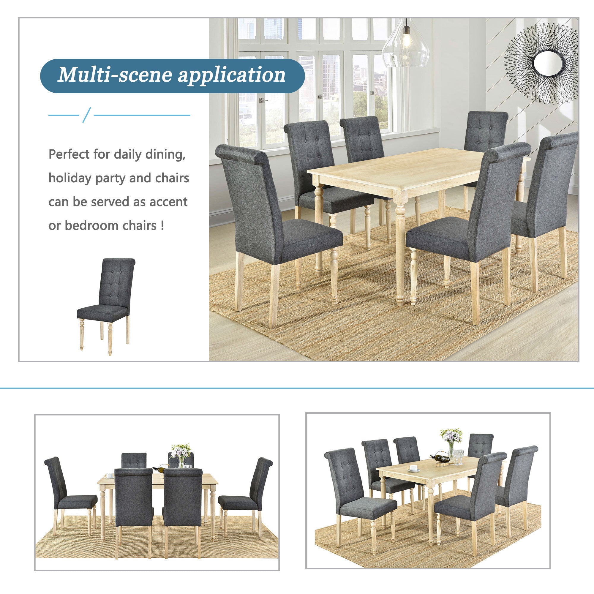 TOPMAX Set of 7 Wood Rectangular Dining Table Set with 6 High Back Upholstered Dining Chairs