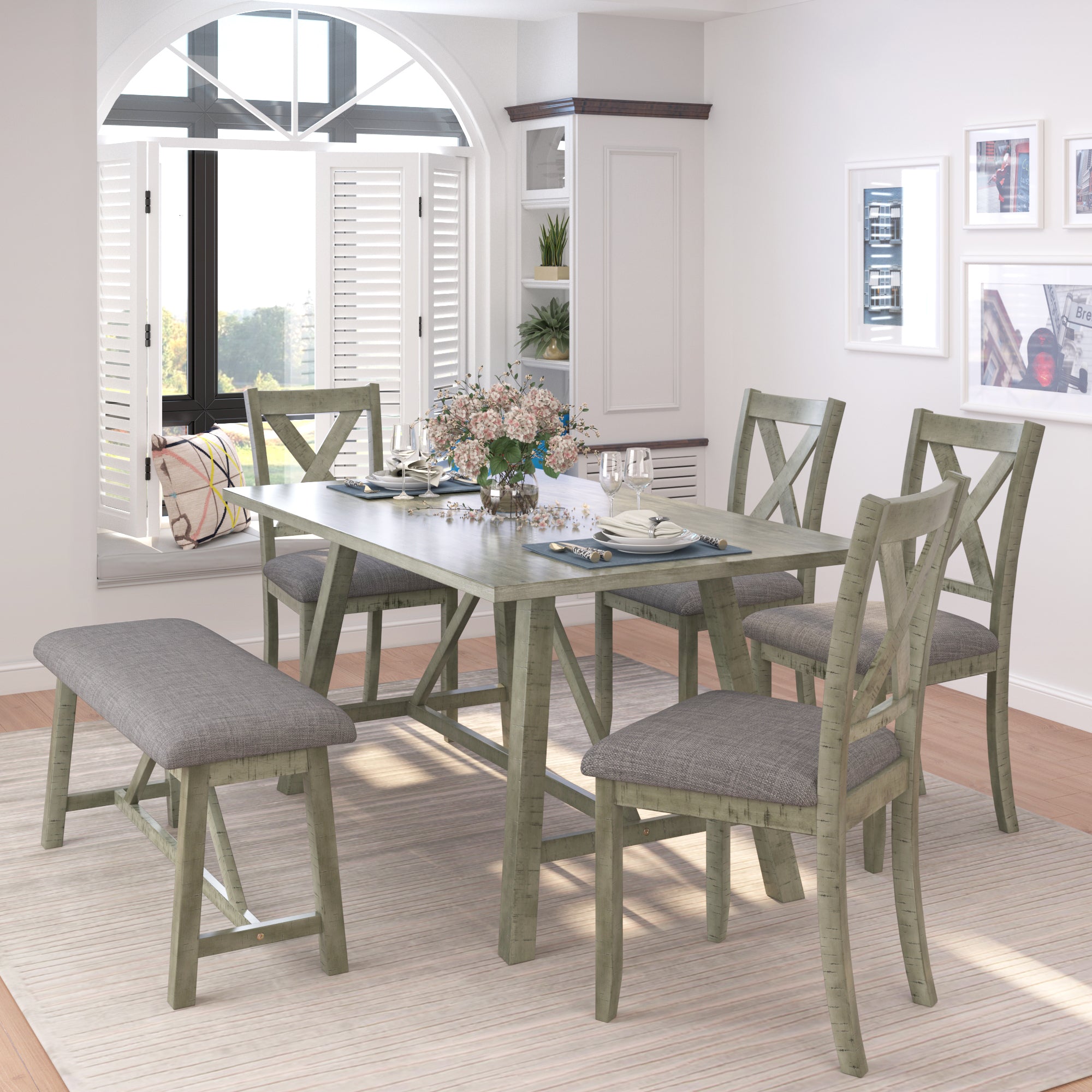TOPMAX 6 Piece Wooden Dining Set with Table, Bench and 4 Chairs (Gray)