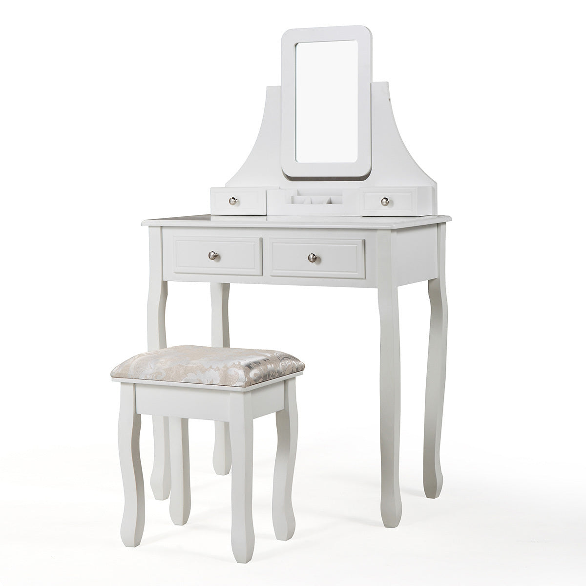 Vanity Table Set with Mirror and Cushioned Stool (White)