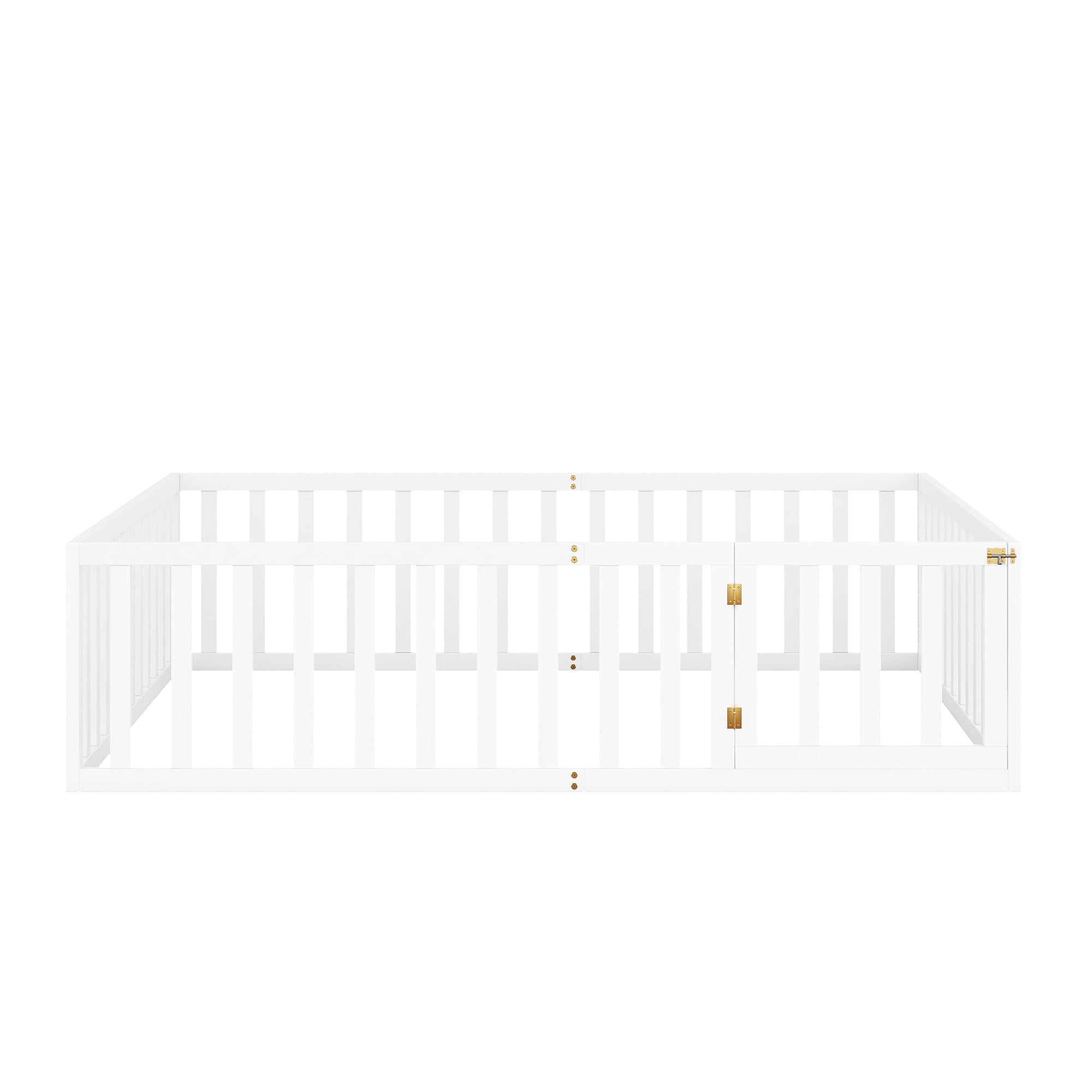 Queen  Size Wood Floor Bed Frame with Fence and Door (White)