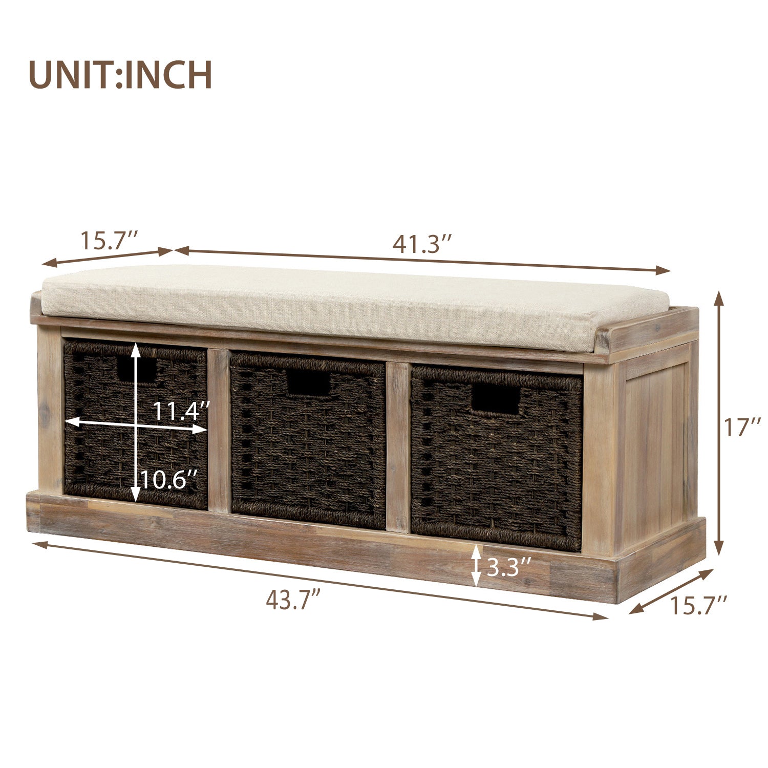 TREXM Country Storage Bench with 3 Detachable Classic Rattan Baskets (Tan)