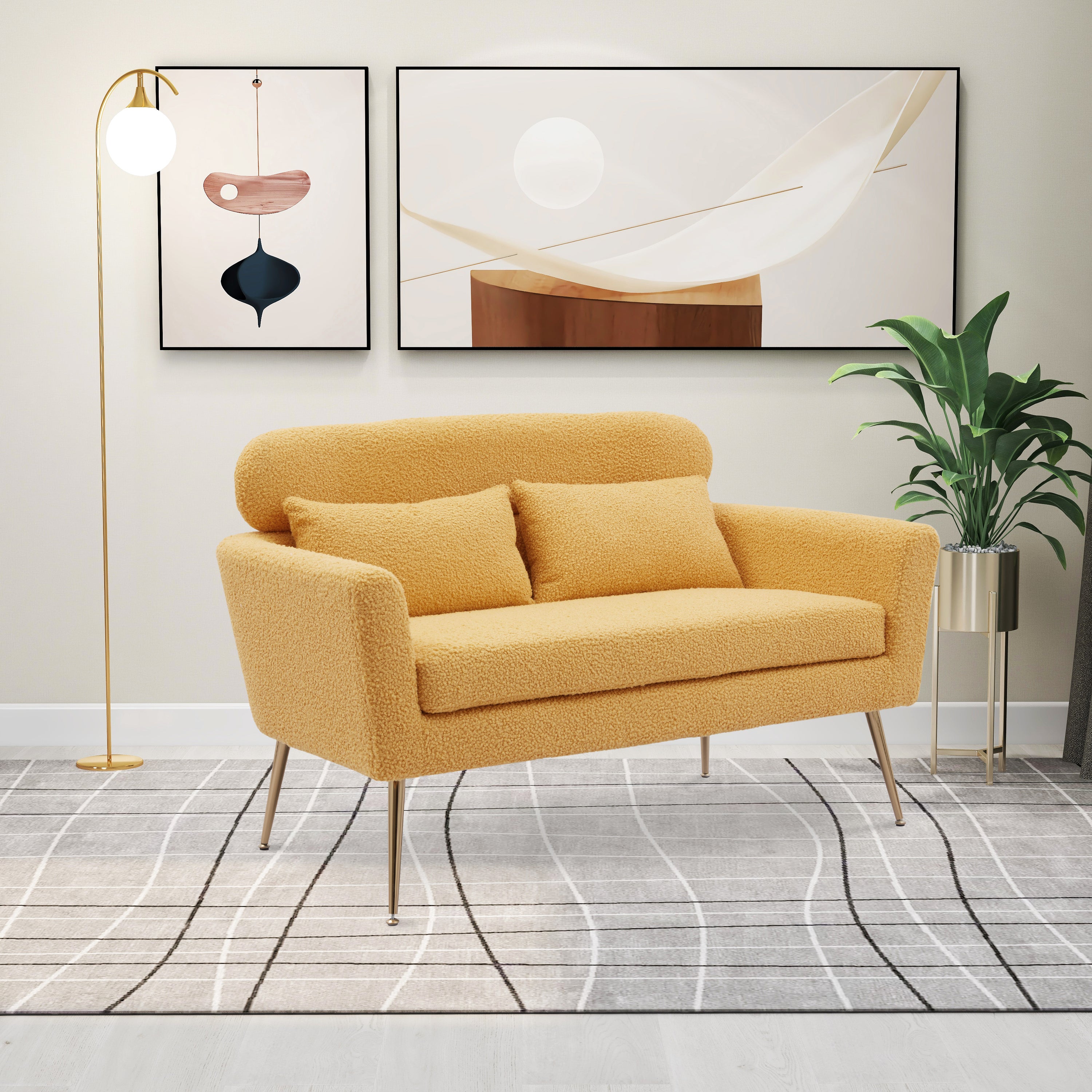 51"W Modern Boucle Loveseat Two-Person Sofa with 2 Throw Pillows (Yellow)