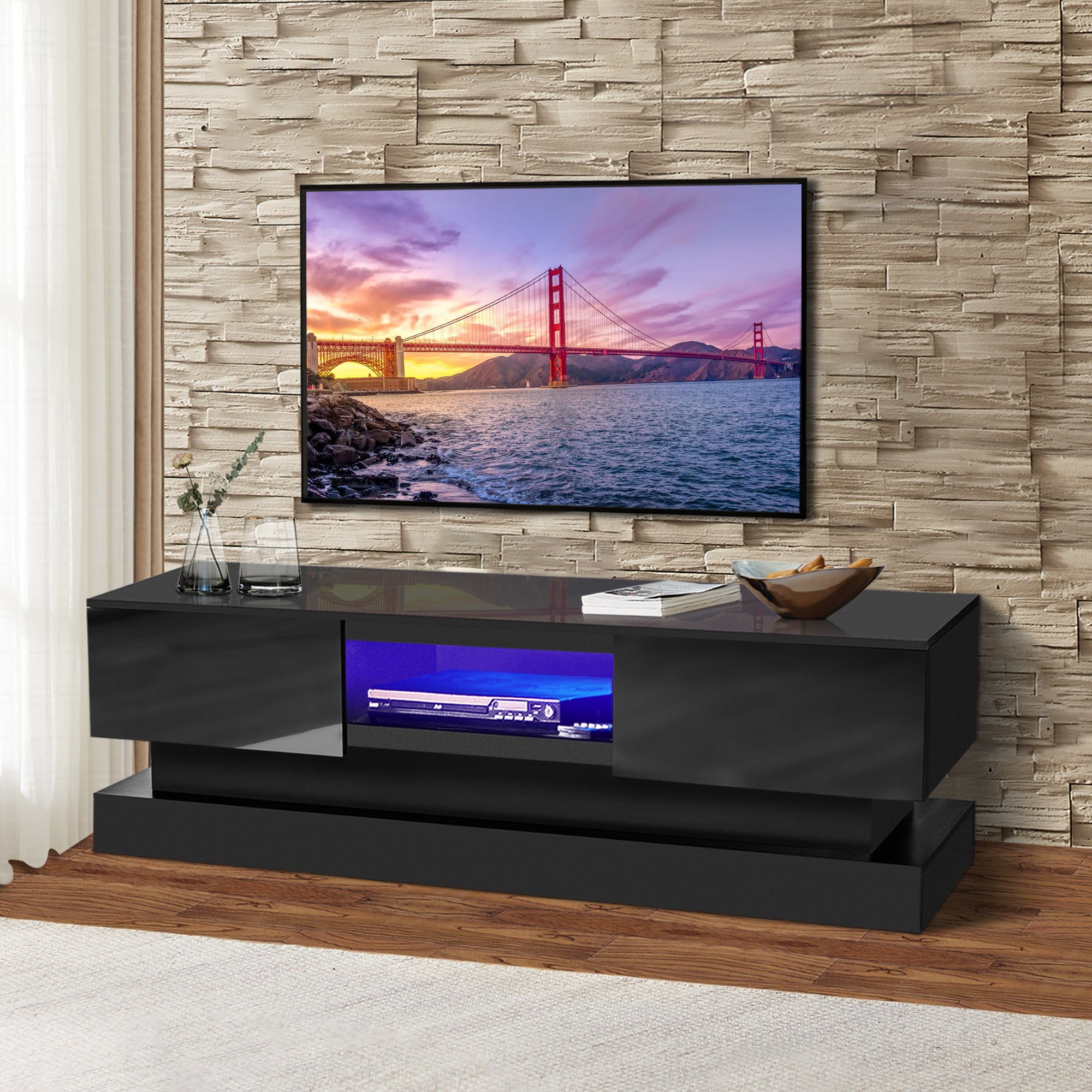 1.6M Black Modern TV Stand with LED Light (Black)