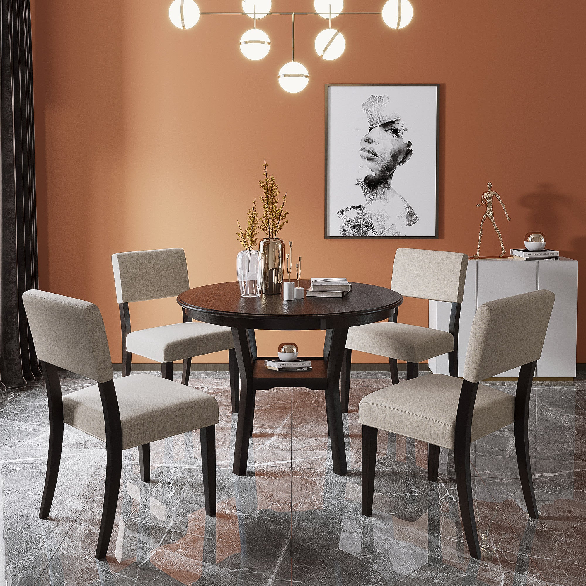 TREXM 5-Piece Kitchen Dining Table Set Round Table with Bottom Shelf, 4 Upholstered Chairs for Dining Room（Espresso）