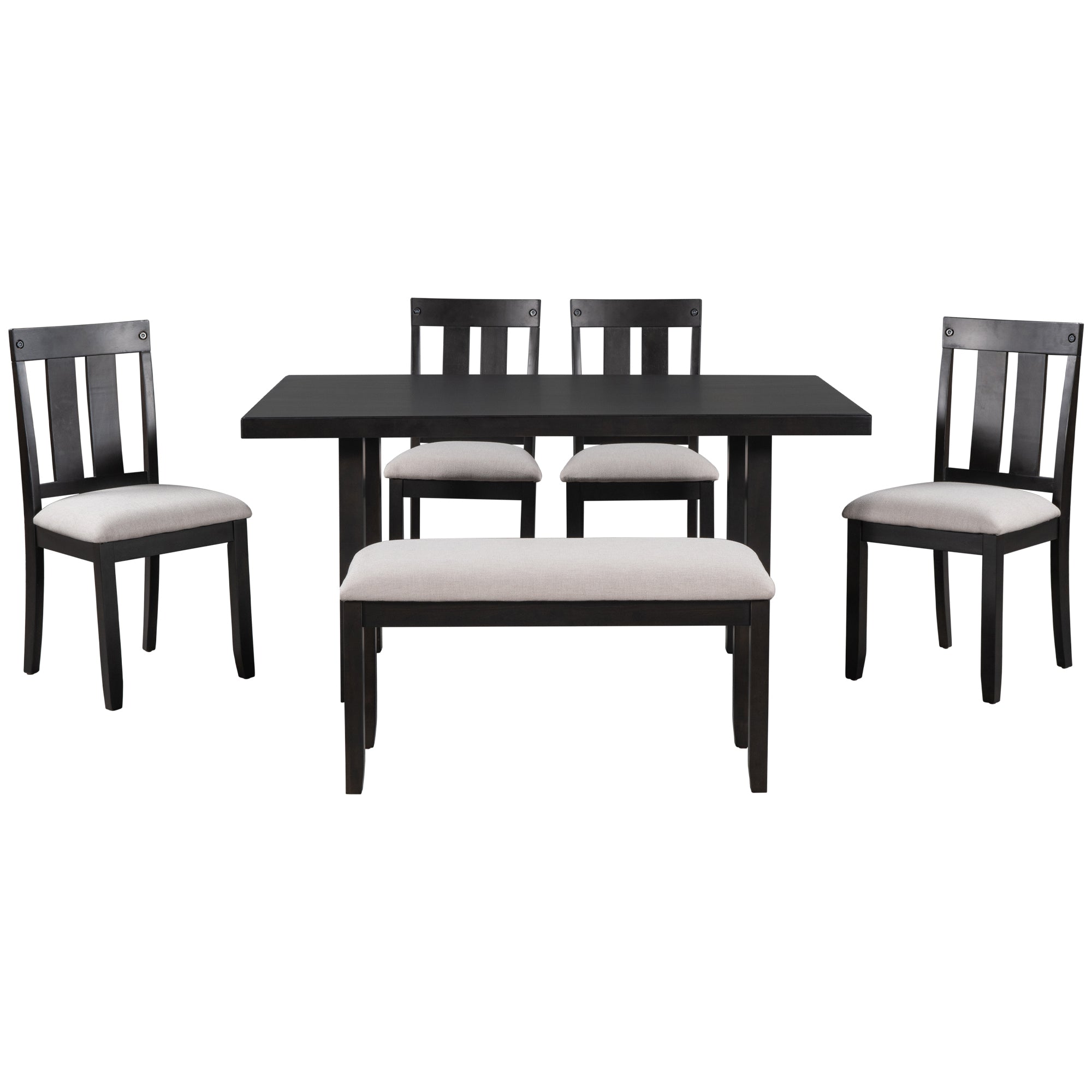 TREXM Rustic Farmhouse 6-Piece Wooden Rustic Style Dining Set, Including Table, 4 Chairs & Bench (Espresso)