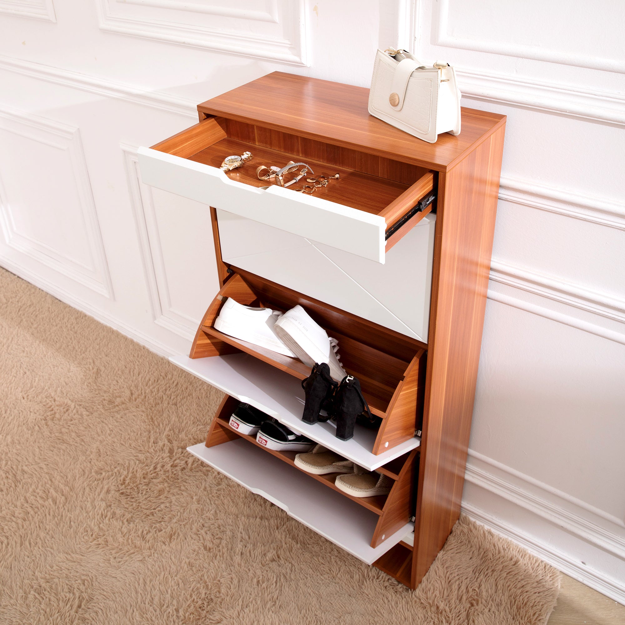 large-Capacity Wooden Color Matching Shoe Storage Cabinet (White)