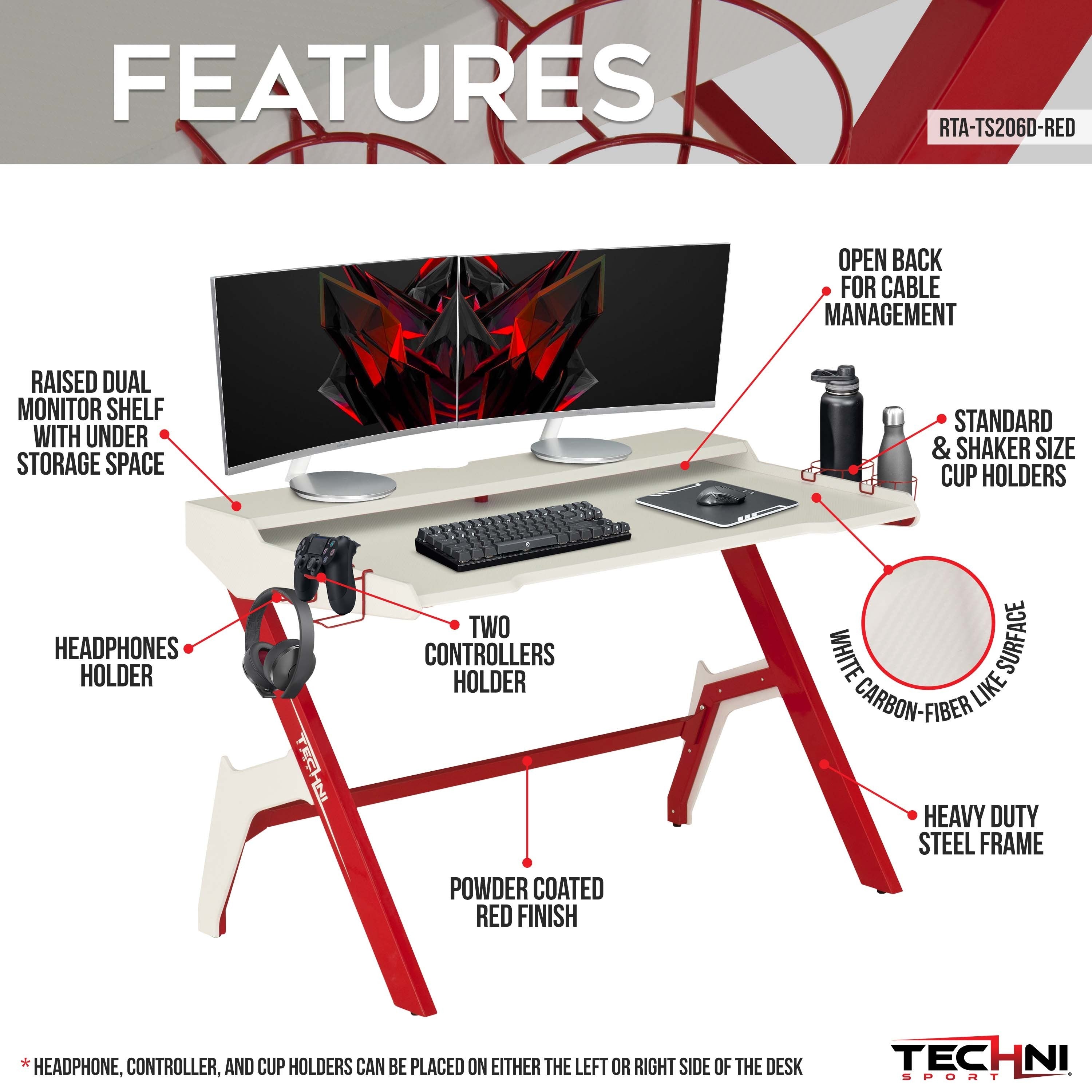 Gaming Desk Workstation with Cupholder & Headphone Hook (Red)