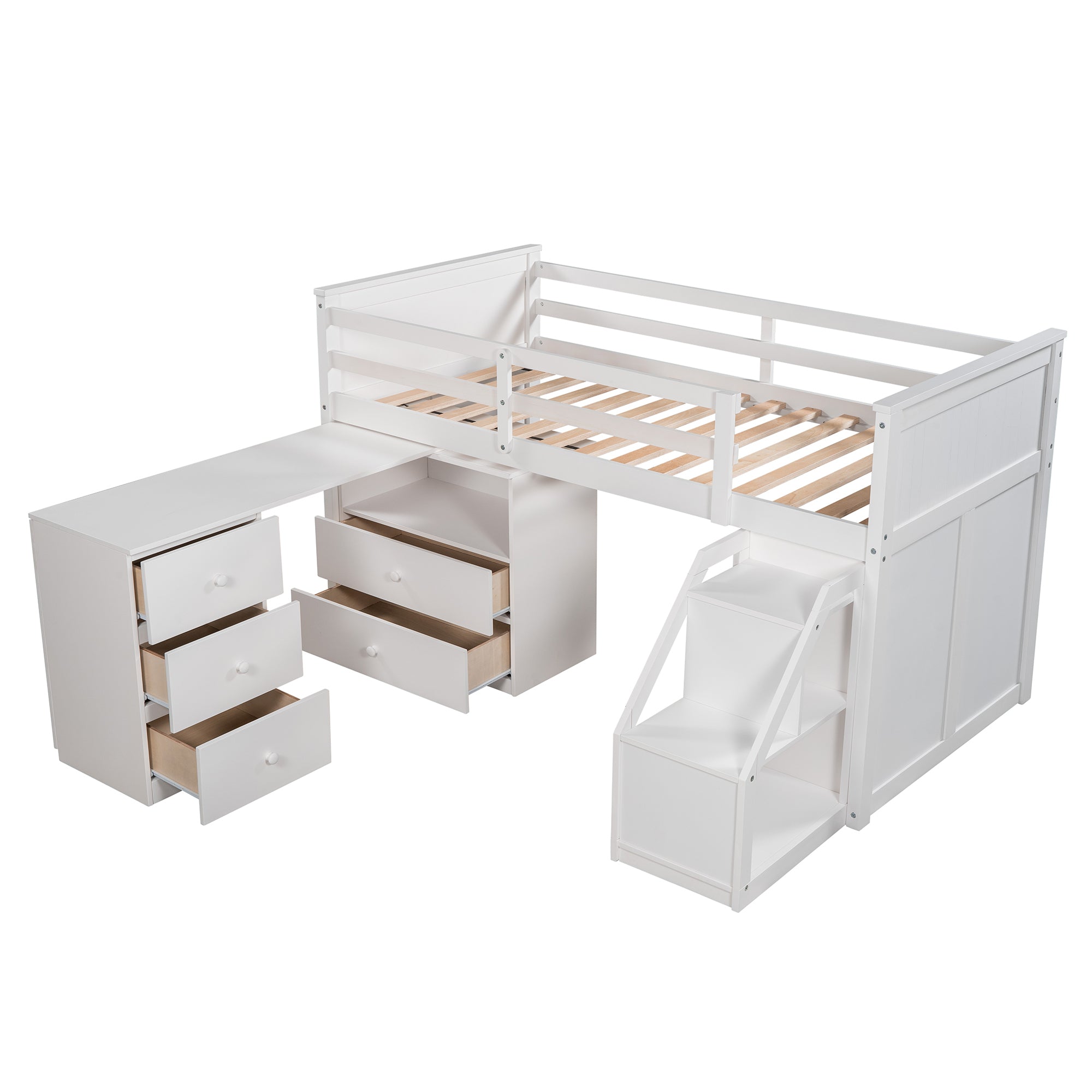 Loft Bed Low Study Twin Size Loft Bed With Storage Steps and Portable Desk (White）
