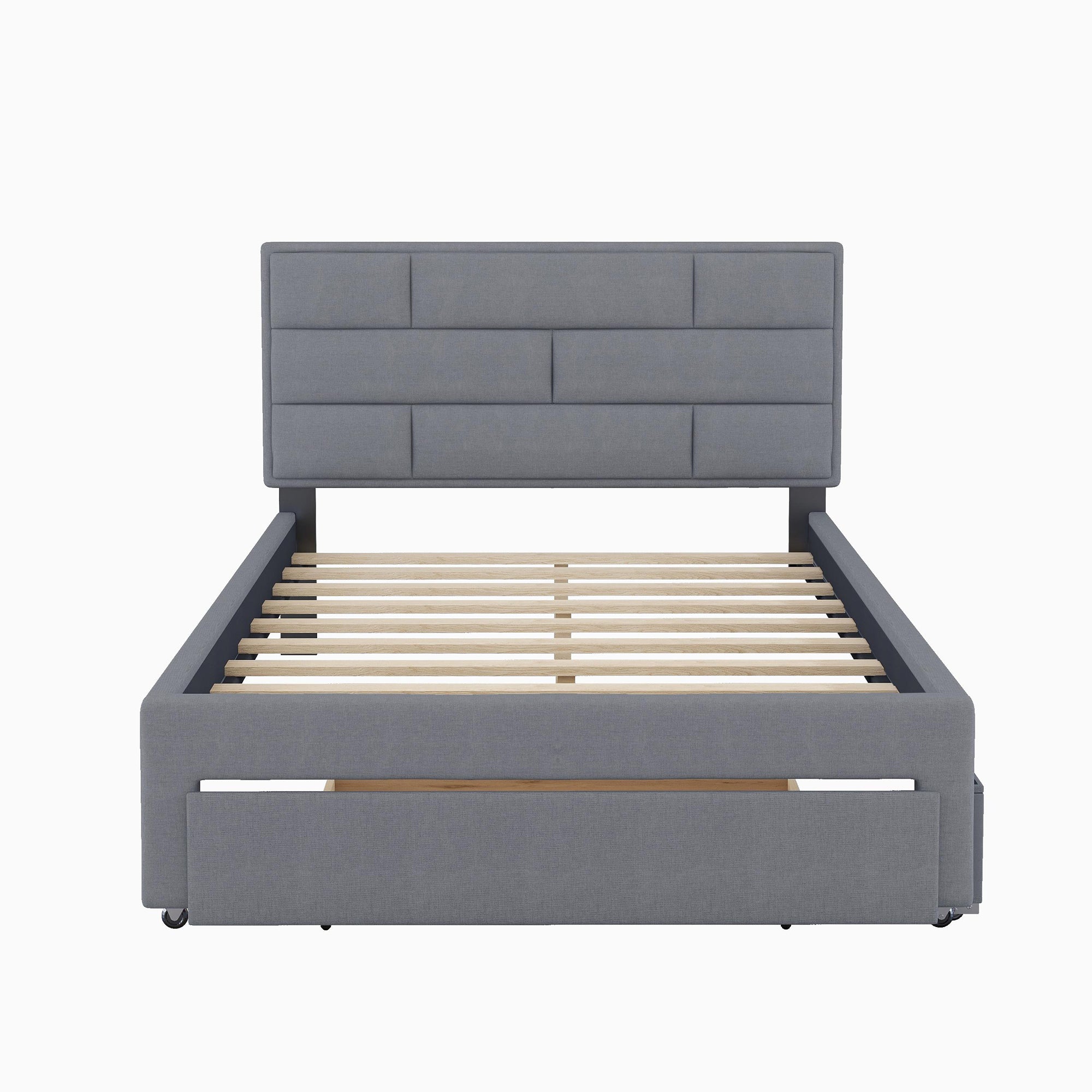 Full Size Linen Upholstered Platform Bed With a Drawer and Storage Shelves (Gray)