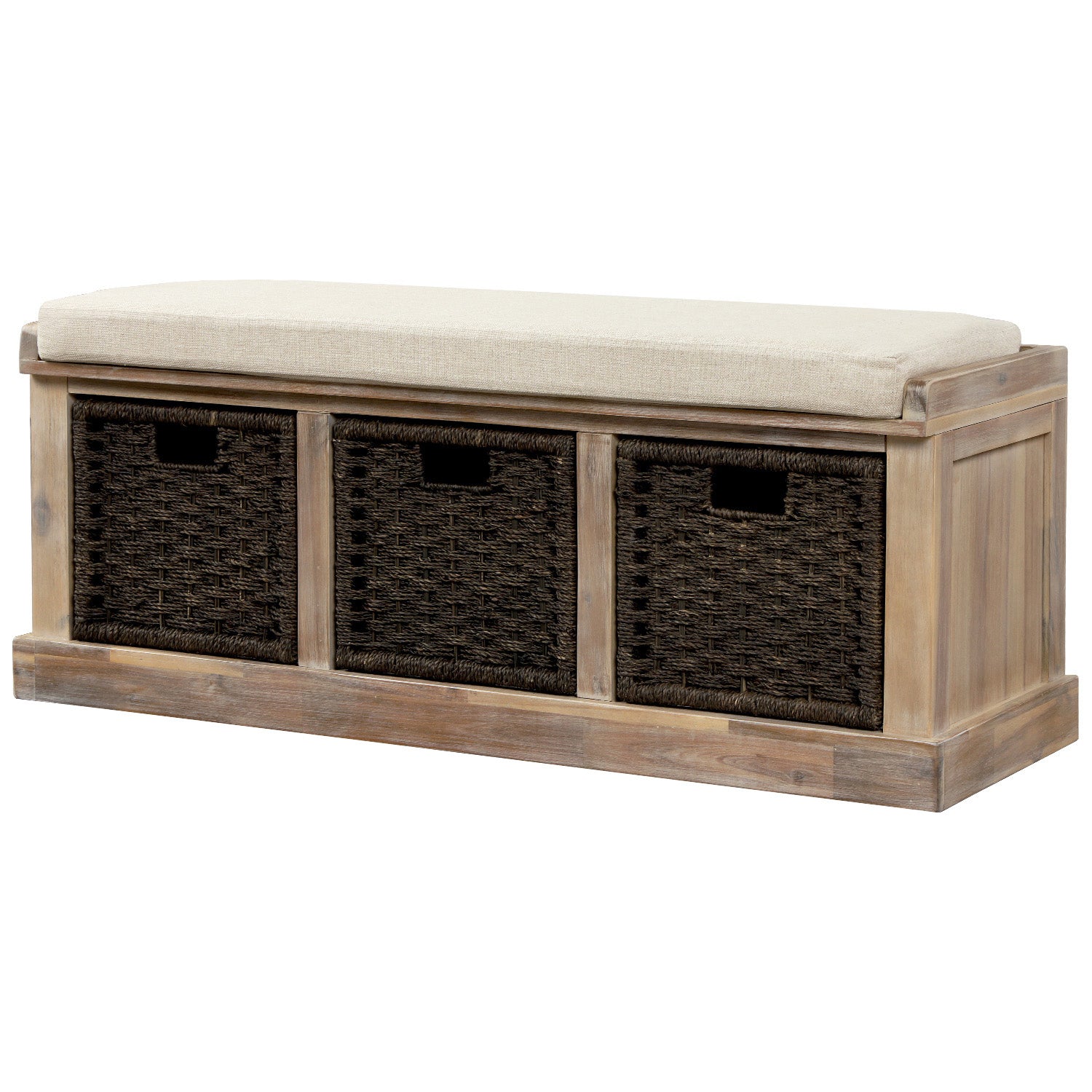 TREXM Country Storage Bench with 3 Detachable Classic Rattan Baskets (Tan)