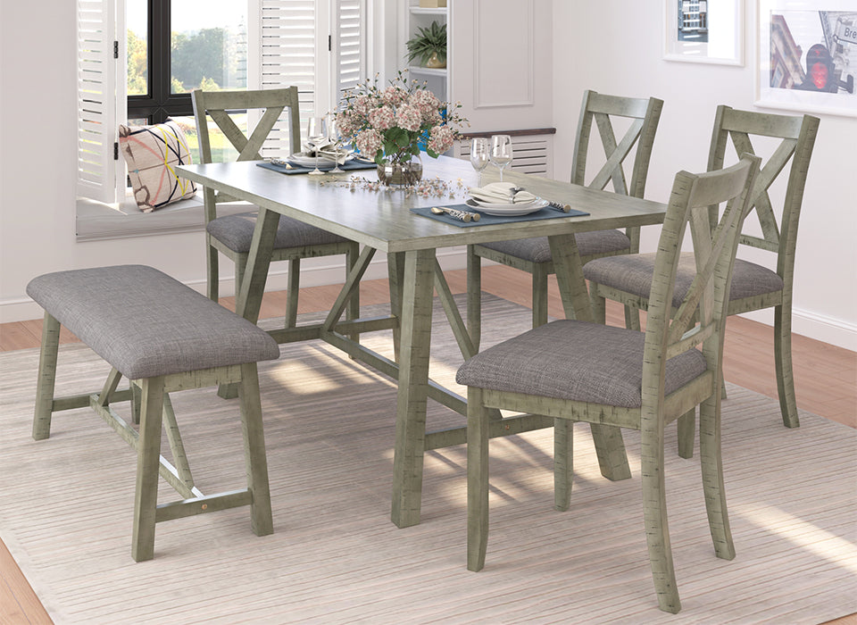TOPMAX 6 Piece Wooden Dining Set with Table, Bench and 4 Chairs (Gray)