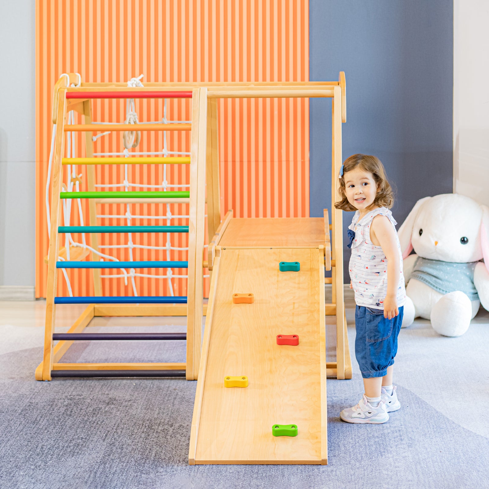 Indoor 7-in-1 Kids Wooden Climb Playset