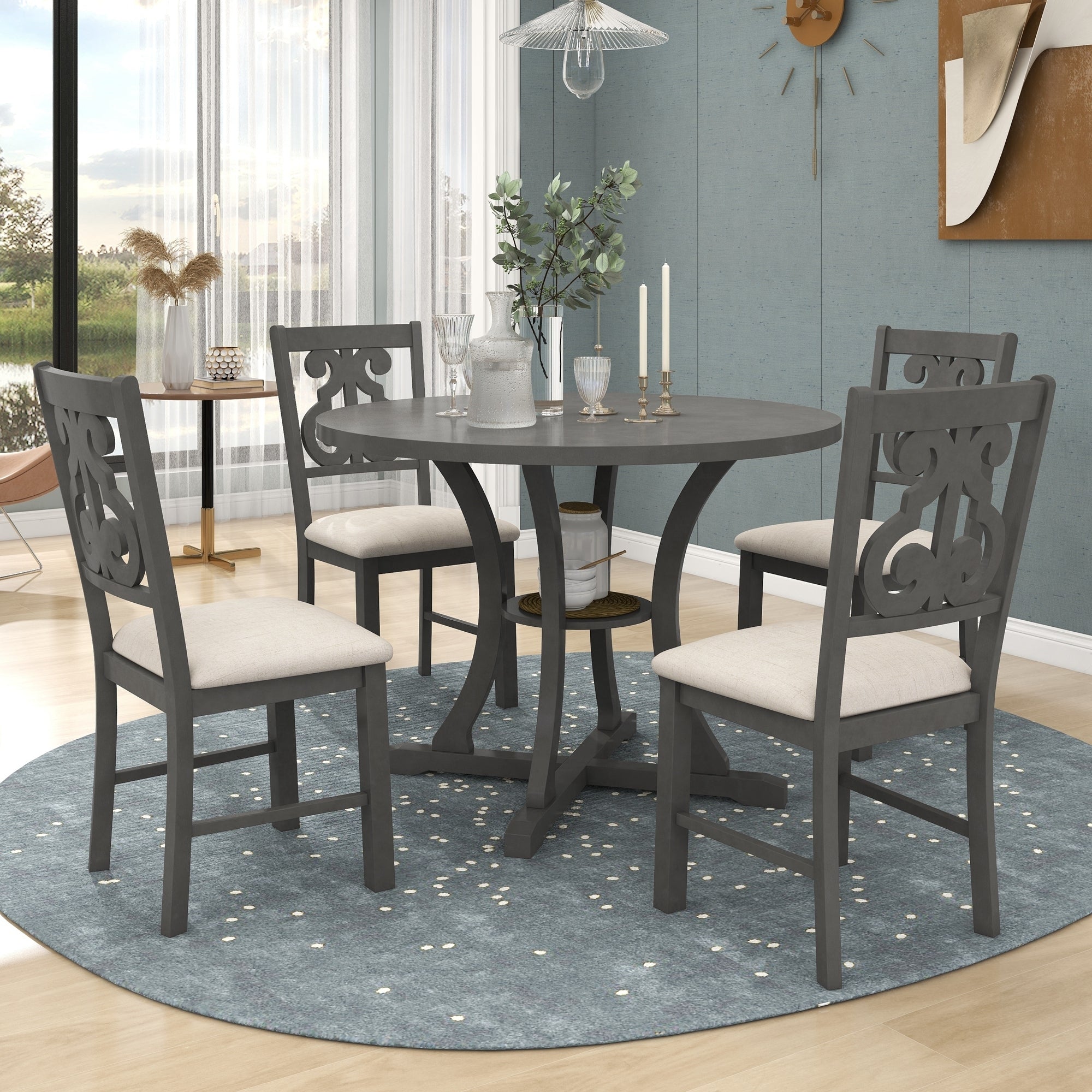 TREXM 5-Piece Round Dining Table and Chair Set with Special-shaped Legs and an Exquisitely Designed Hollow Chair Back for Dining Room (Gray)