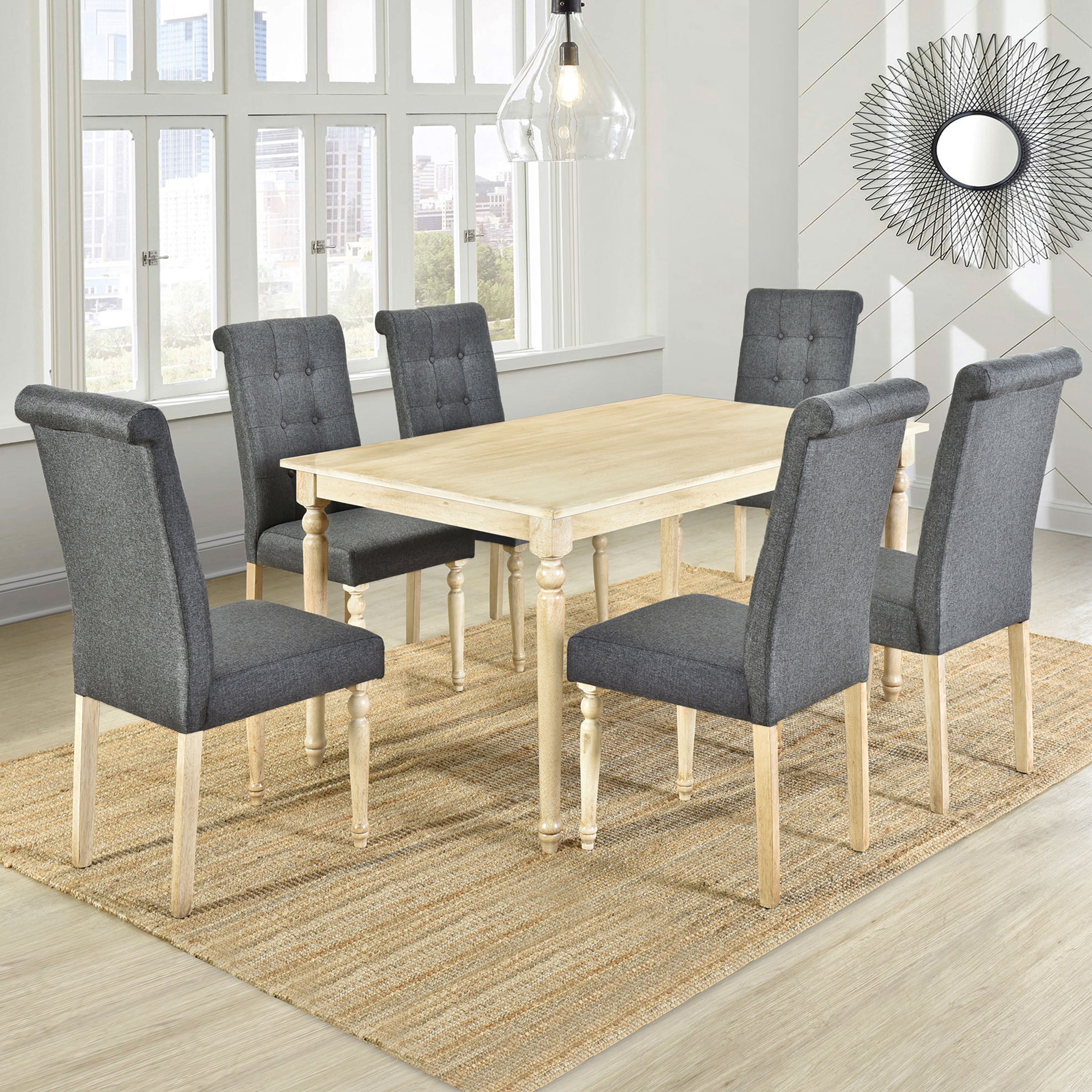 TOPMAX Set of 7 Wood Rectangular Dining Table Set with 6 High Back Upholstered Dining Chairs