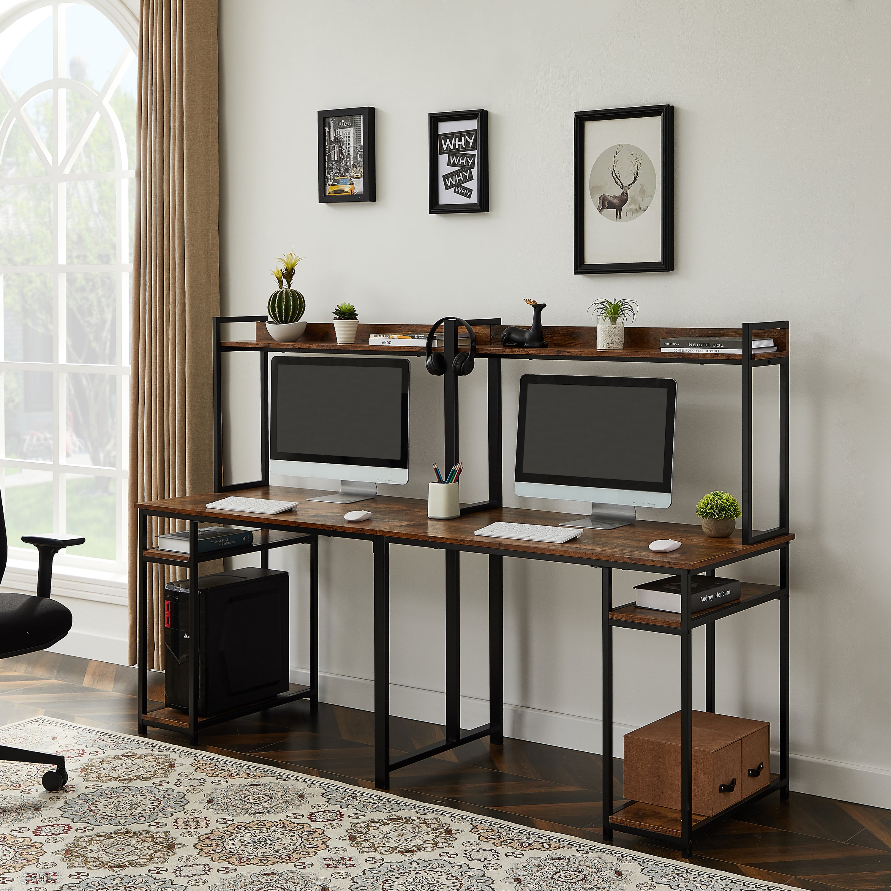 Computer Desk for Two with Storage (Brown)