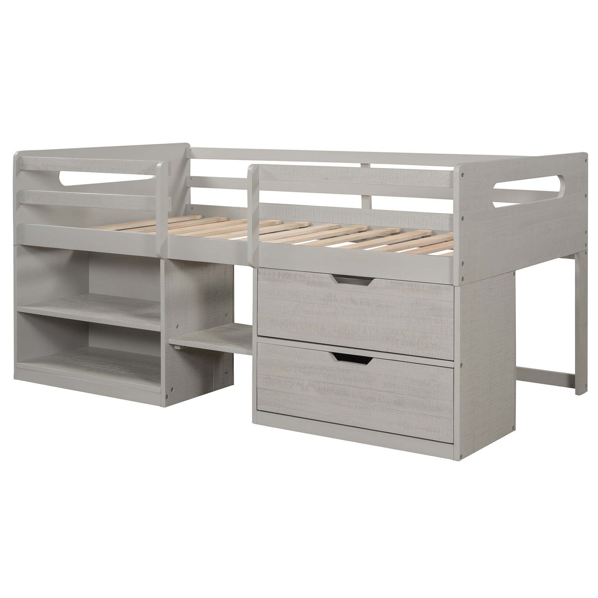 Twin size Loft Bed with Two Shelves and Two drawers (Antique Gray)