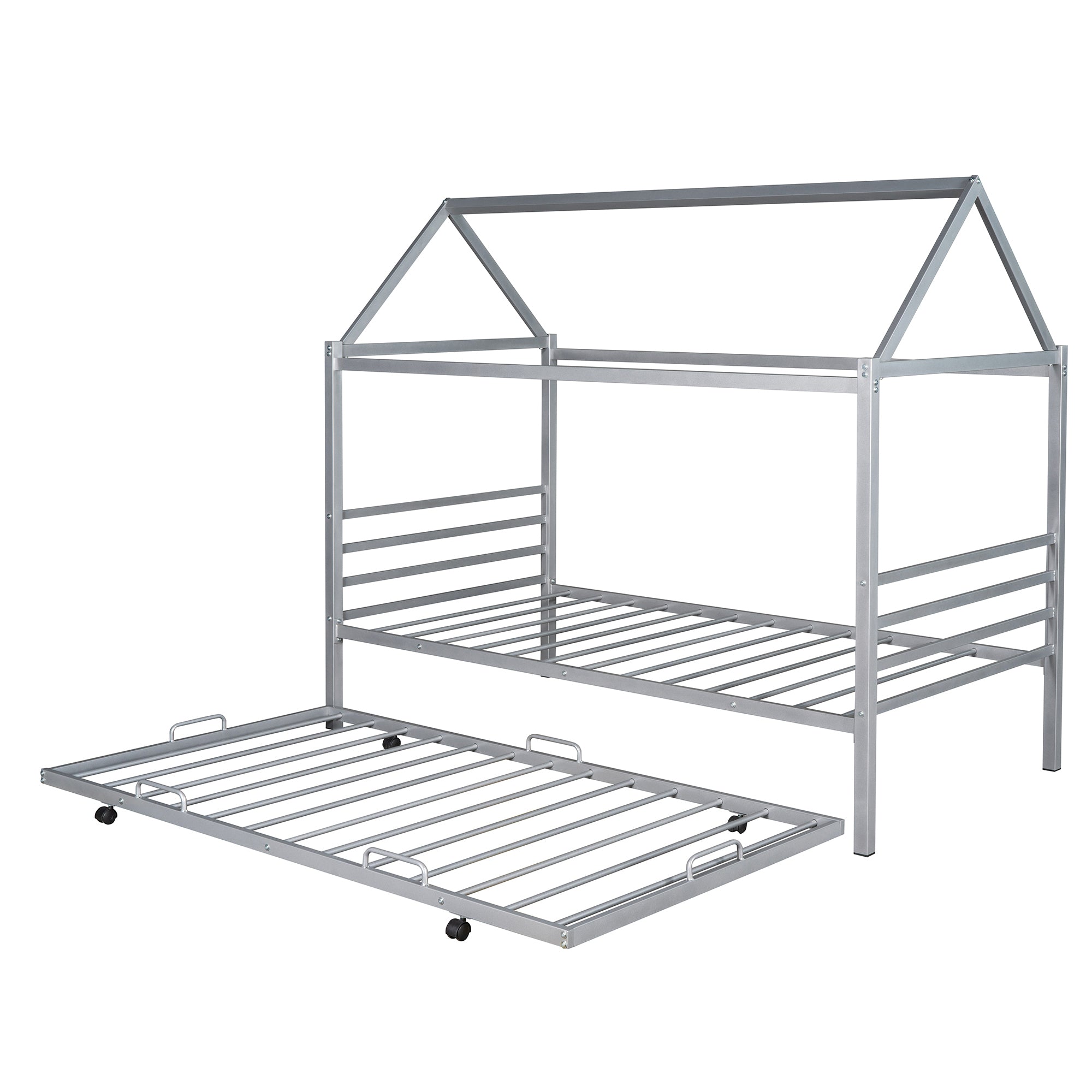 Twin Size Metal House Shape Platform Bed with Trundle (Silver)