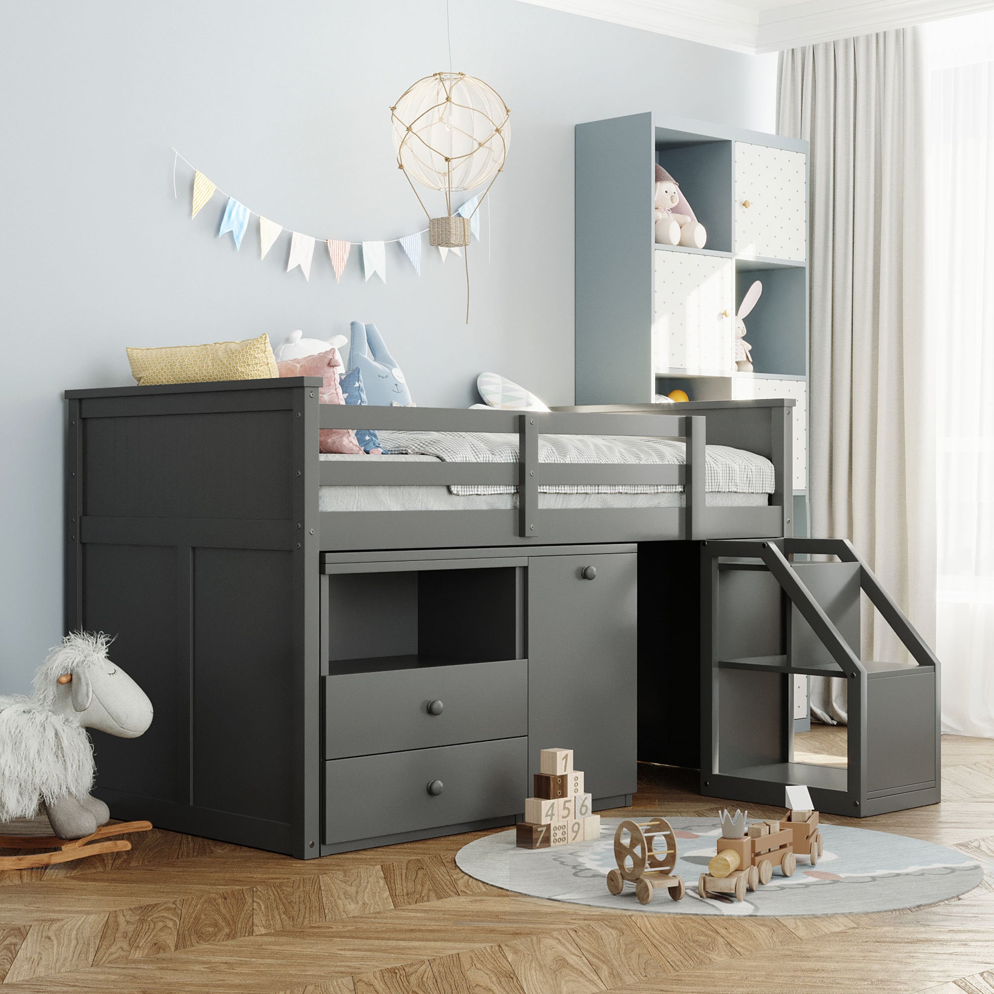 Twin Size Loft Bed With Storage Steps and Portable Desk (Gray)