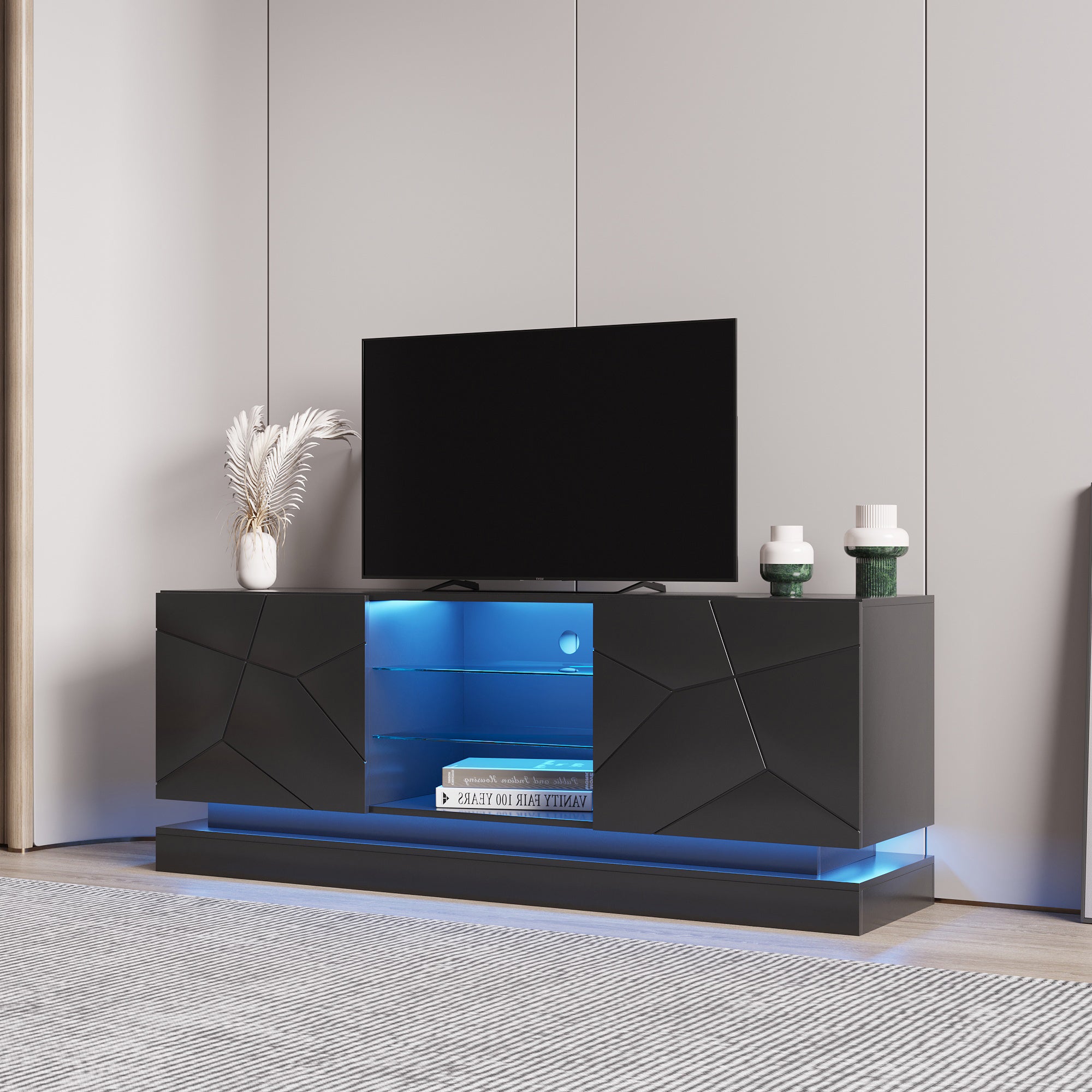 U-Can Modern Stylish and Practical TV Cabinet with Color Changing LED Light (Black)
