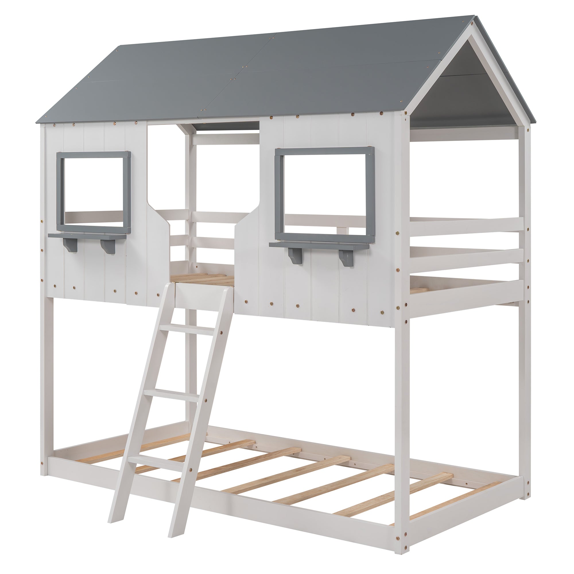 Twin Over Twin Bunk Bed Wood Bed with Roof (White)