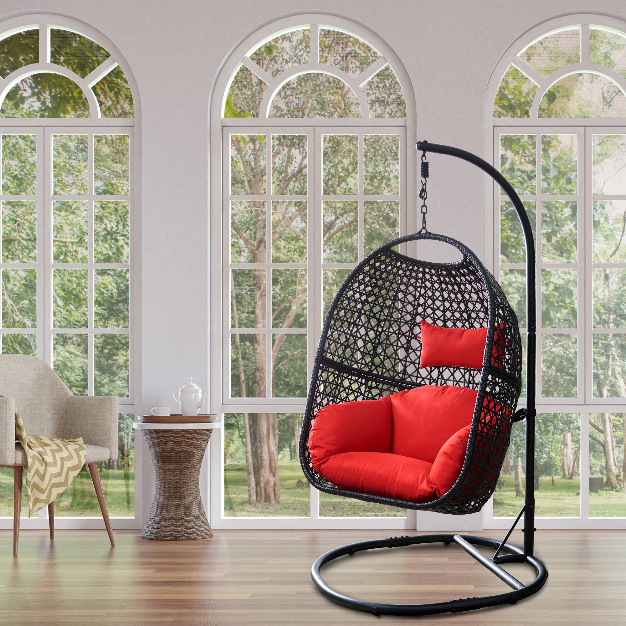 Wicker Swing Chair With Stand, Water-resistant Cushion, Ready To Ship 37.4x41.34x76.77 (Red)