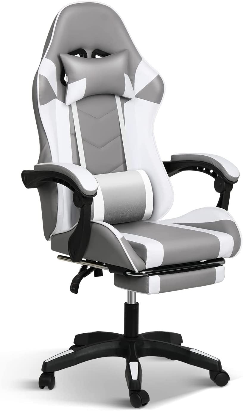 YSSOA FNGAMECHAIR01 Ergonomic Adjustable Swivel Chair with Headrest and Lumbar Support with Footrest (Gray/White)