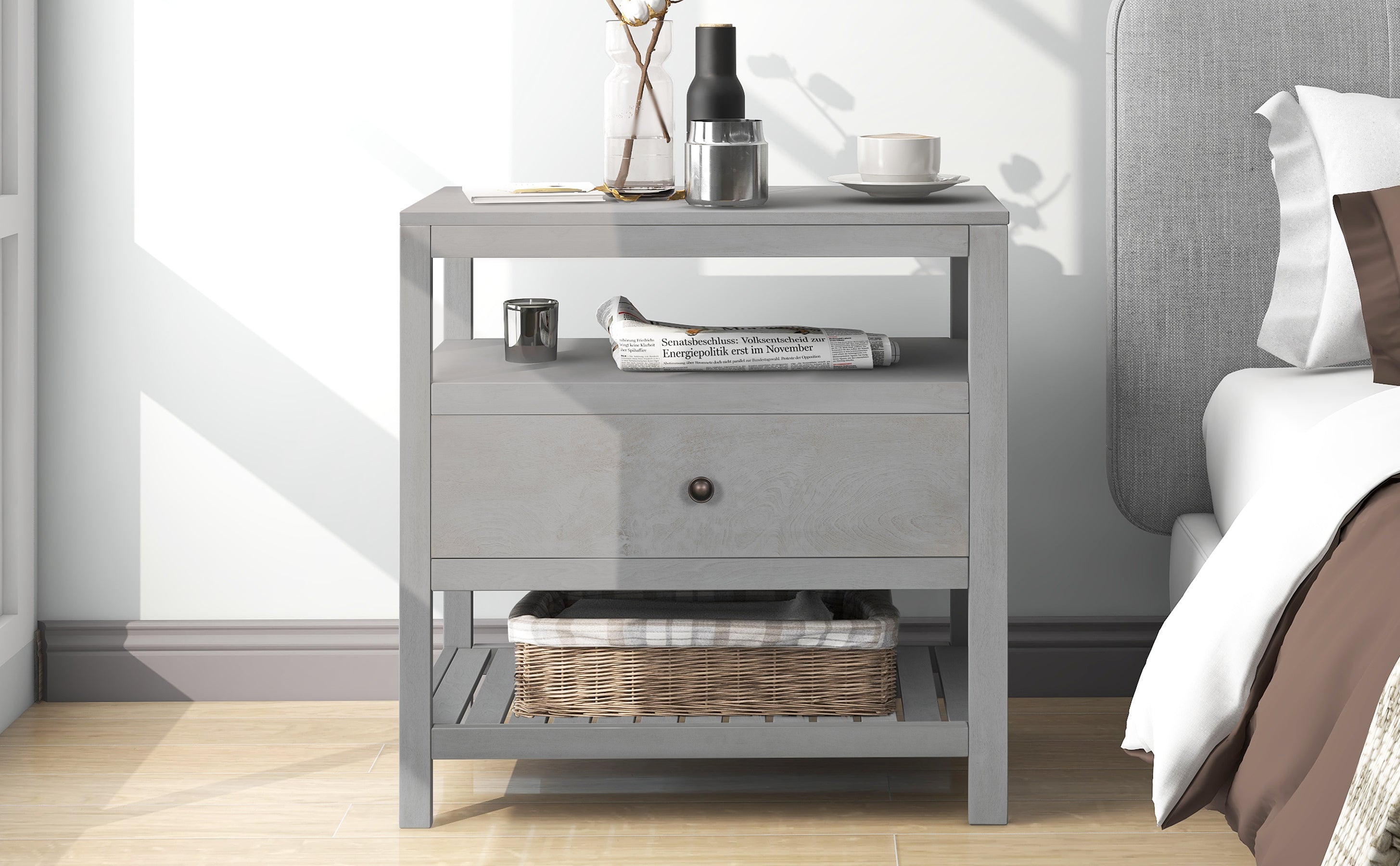 Modern Wooden Nightstand with Drawers Storage (Gray)