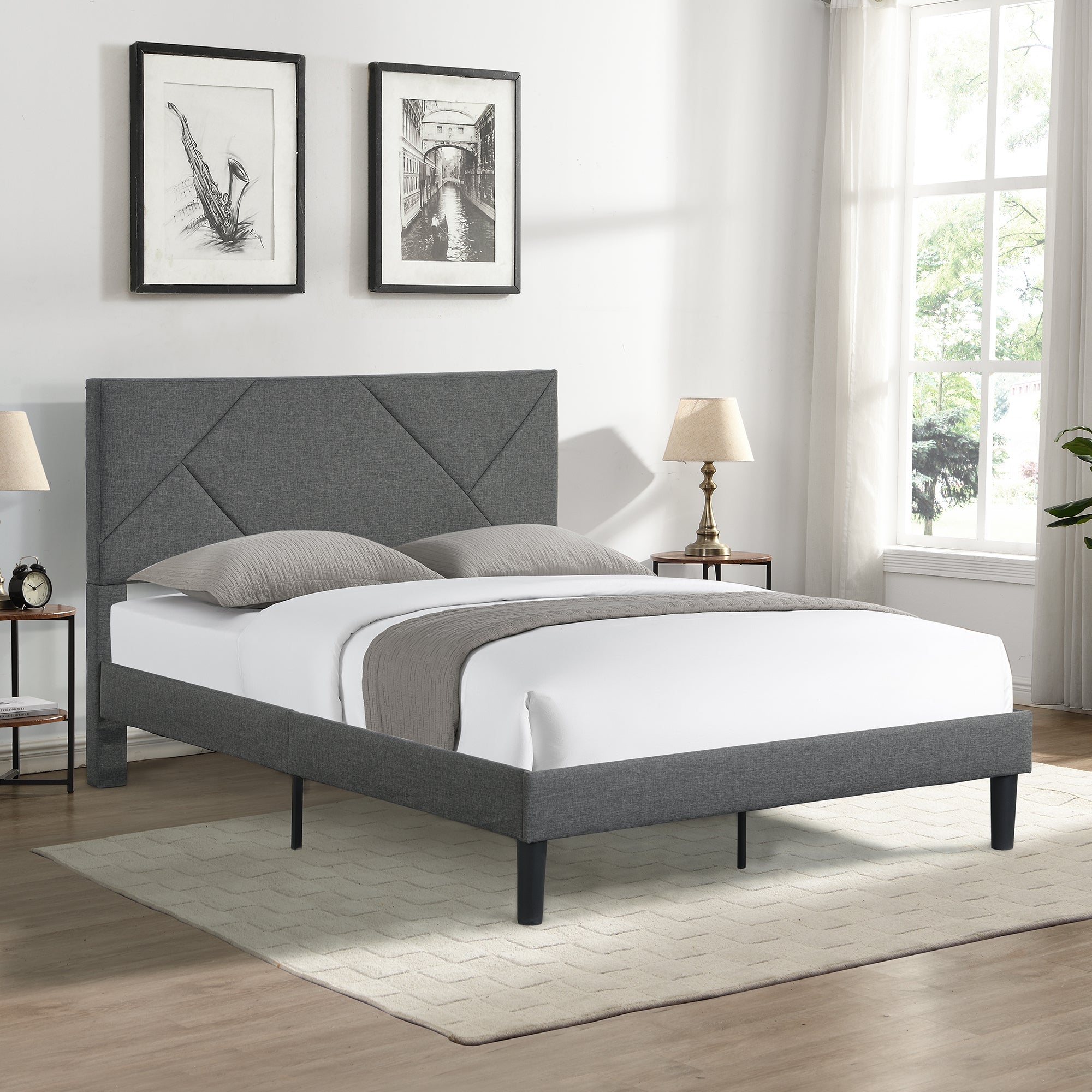 Full Size Upholstered  Platform Bed Frame with  Headboard (Gray)