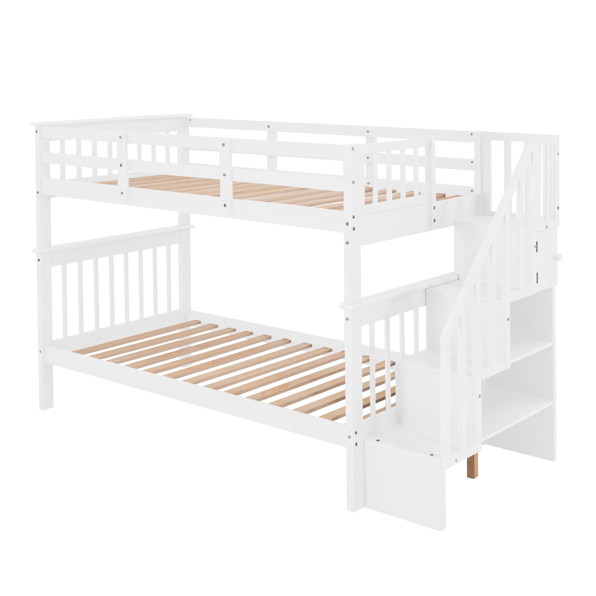 Stairway Twin-Over-Twin Bunk Bed with Storage and Guard Rail for Bedroom (White)