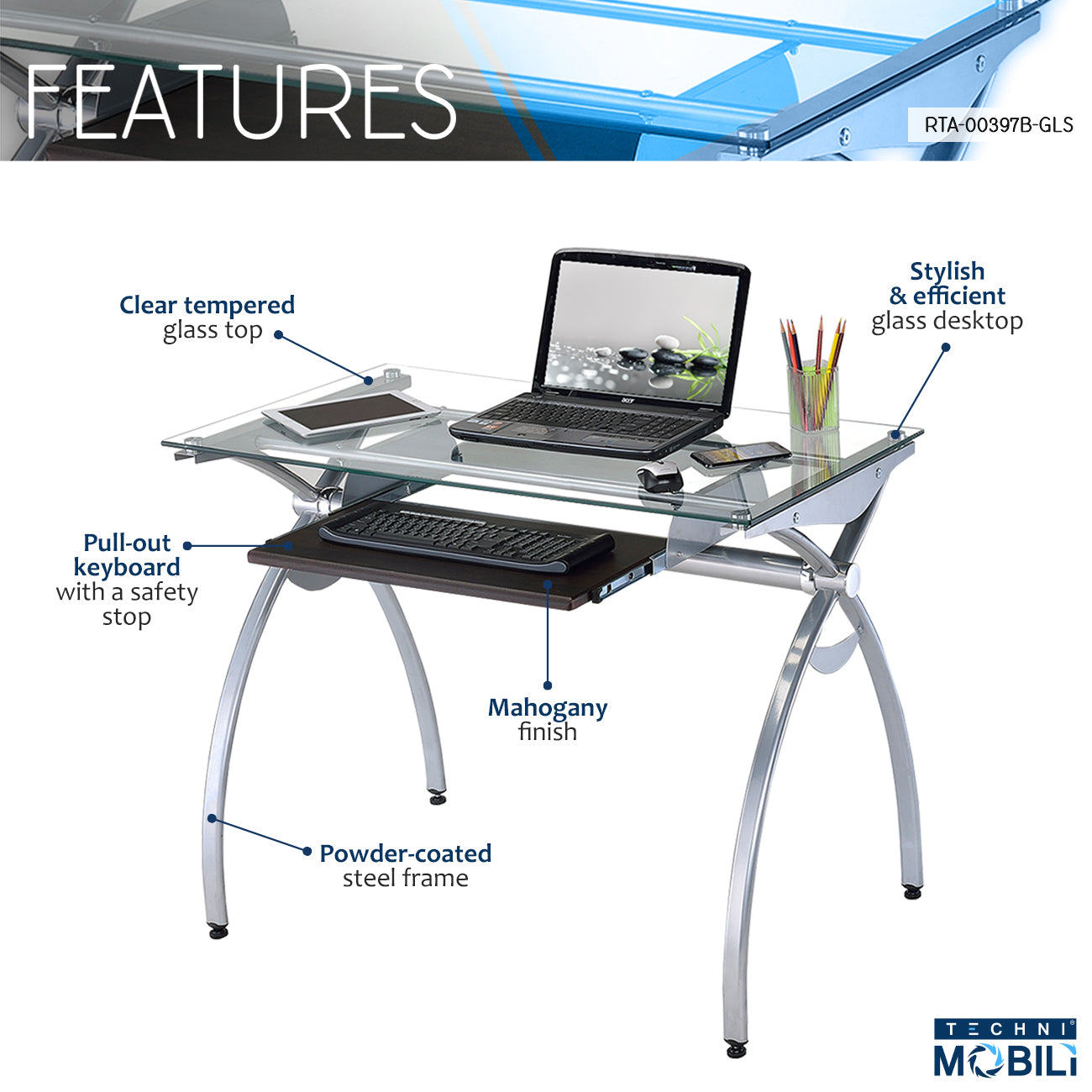 Techni Mobili Contempo Clear Glass Top Computer Desk with Pull Out Keyboard PanelClear (White)