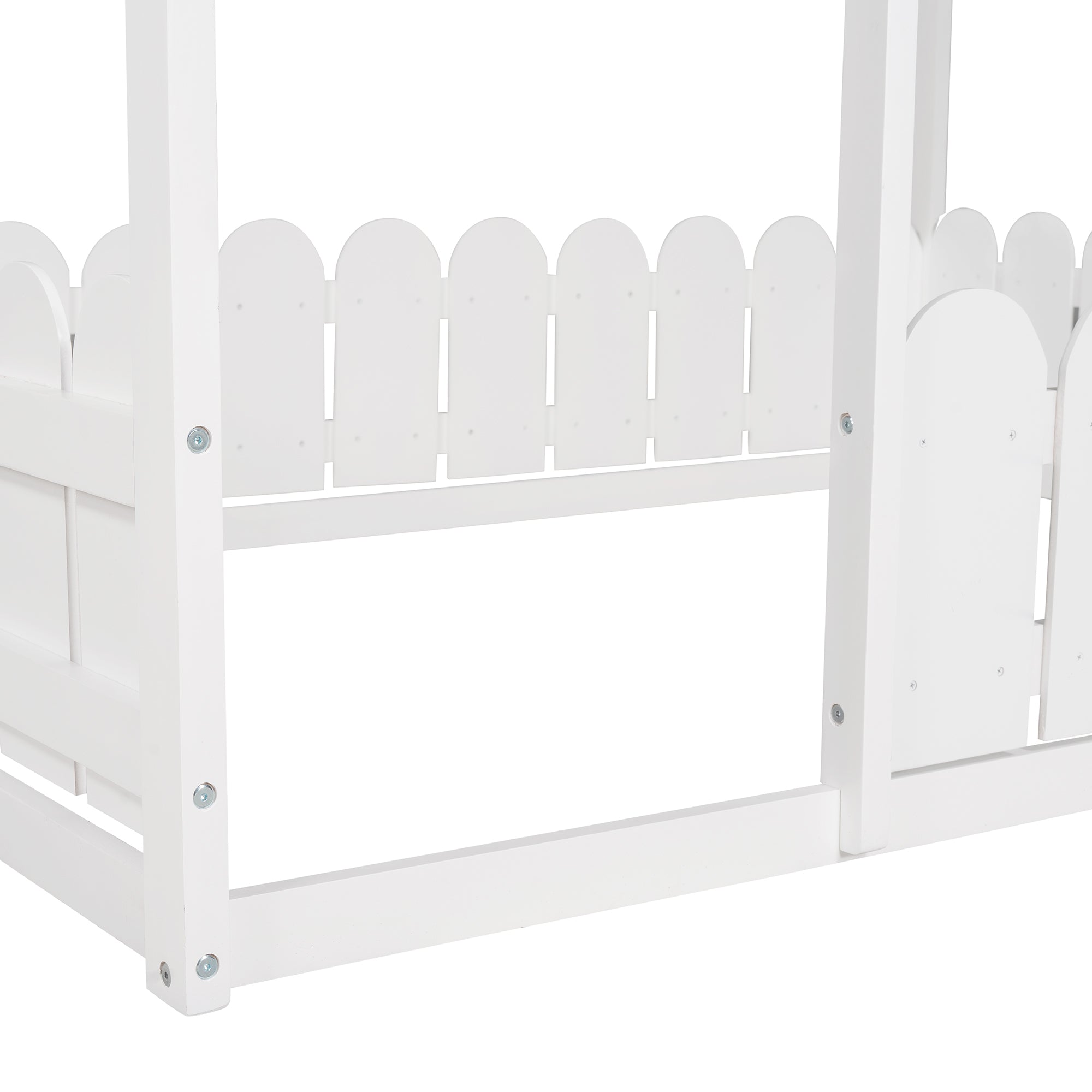 Full Size Wood Bed House Bed Frame with Fence (White) (Slats are not included)