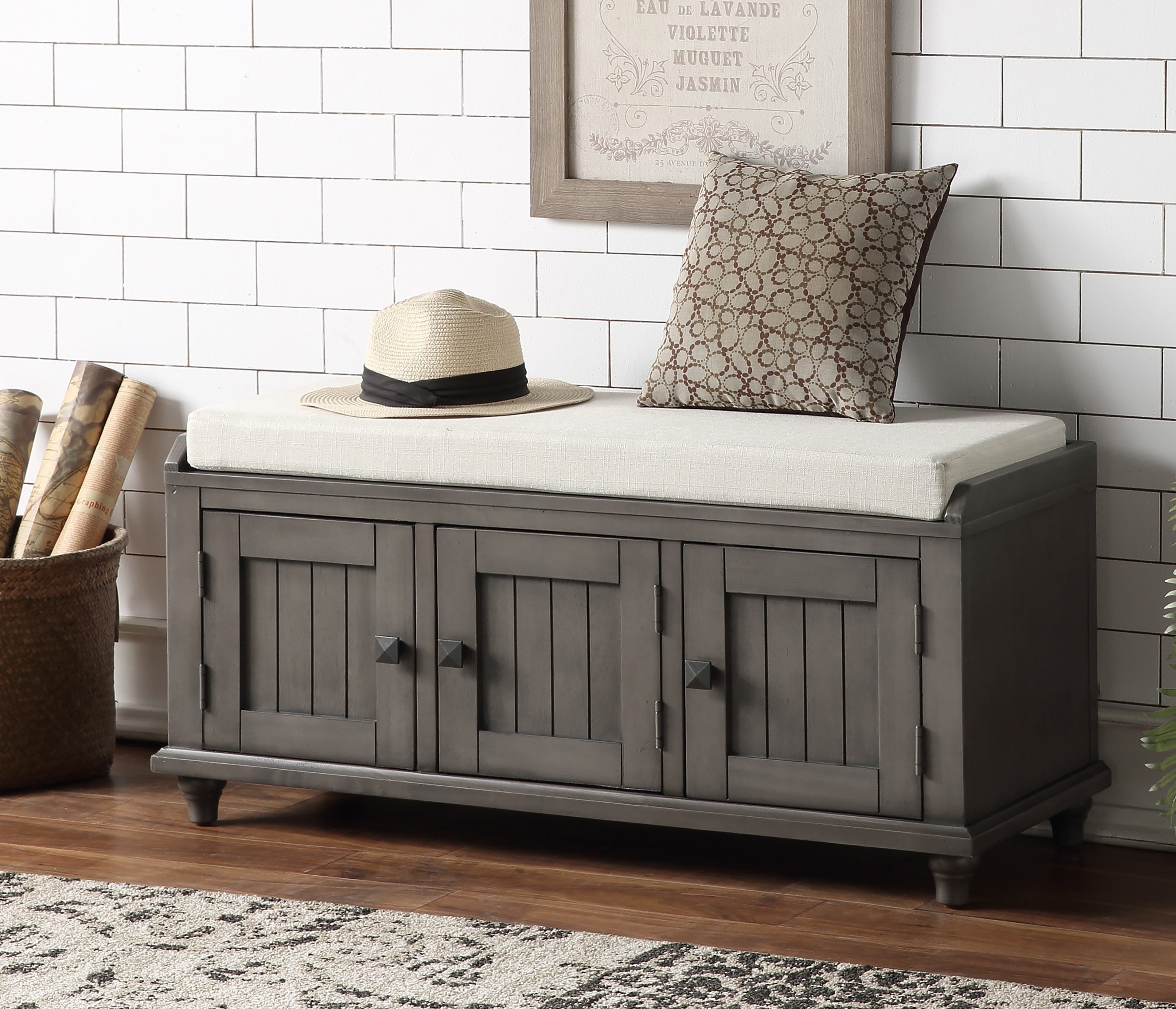 Wood Storage Bench with 2 Cabinets  (Gray)