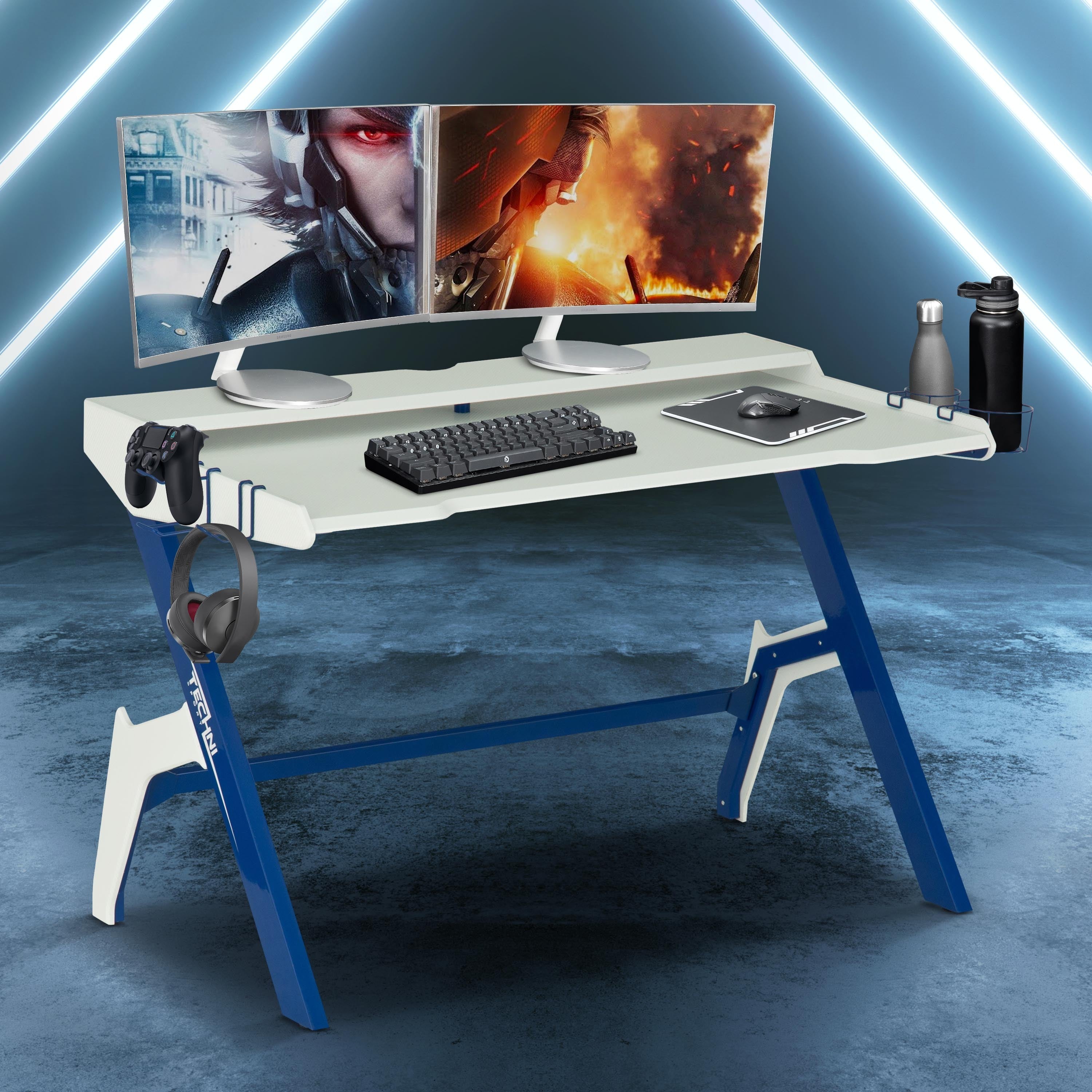 Gaming  Desk Workstation with Cupholder & Headphone Hook (Blue)