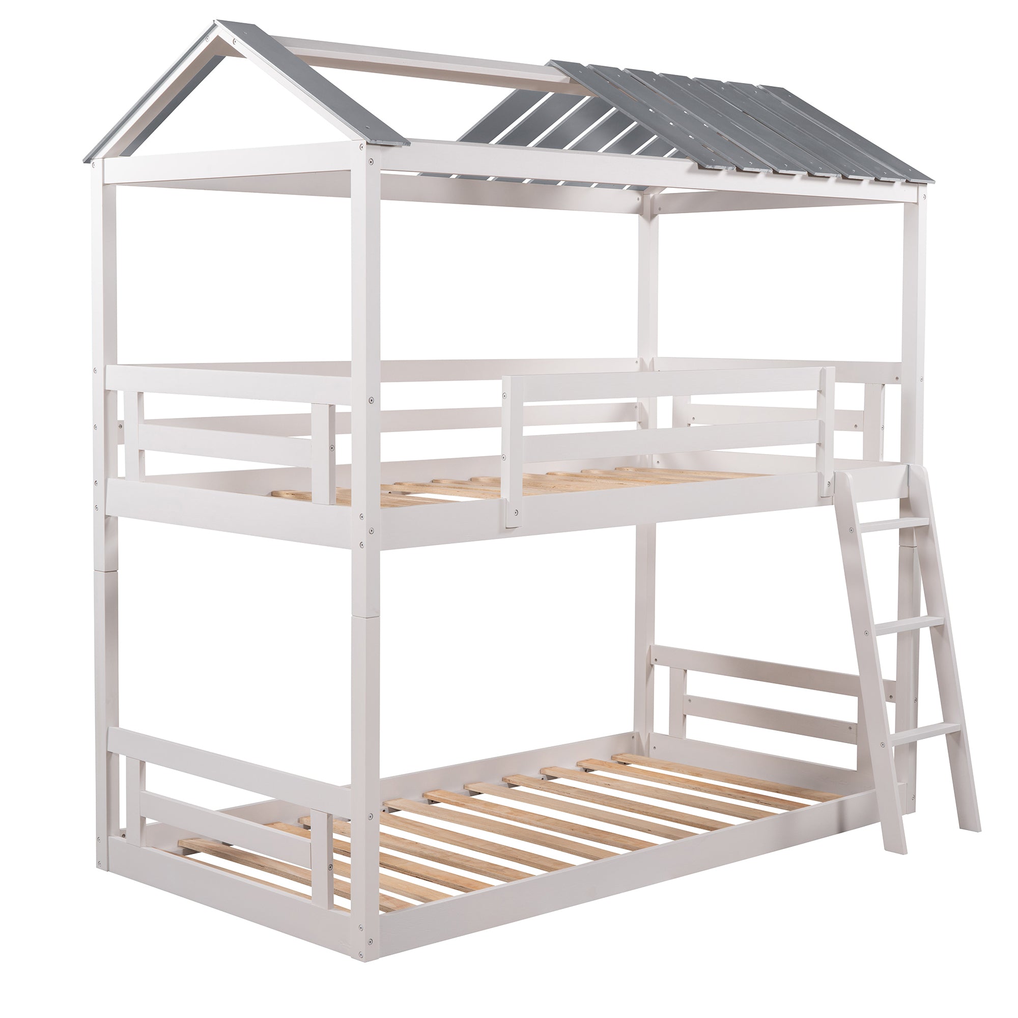 Twin over Twin House Roof Bunk Bed with Convertible Ladder (White)