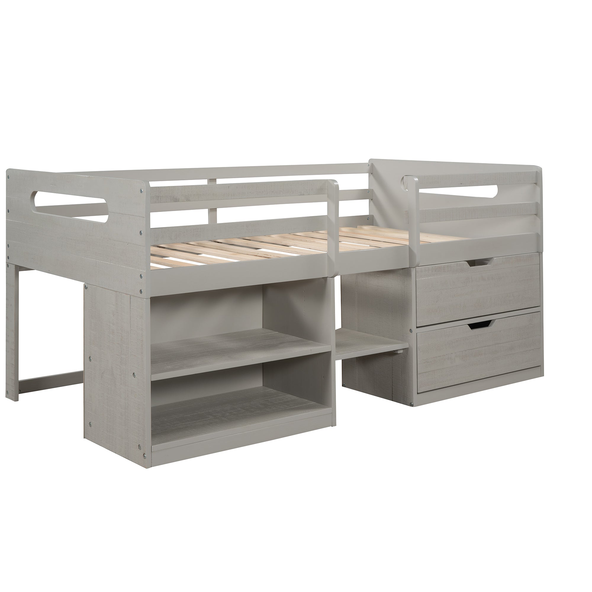 Twin size Loft Bed with Two Shelves and Two drawers (Antique Gray)