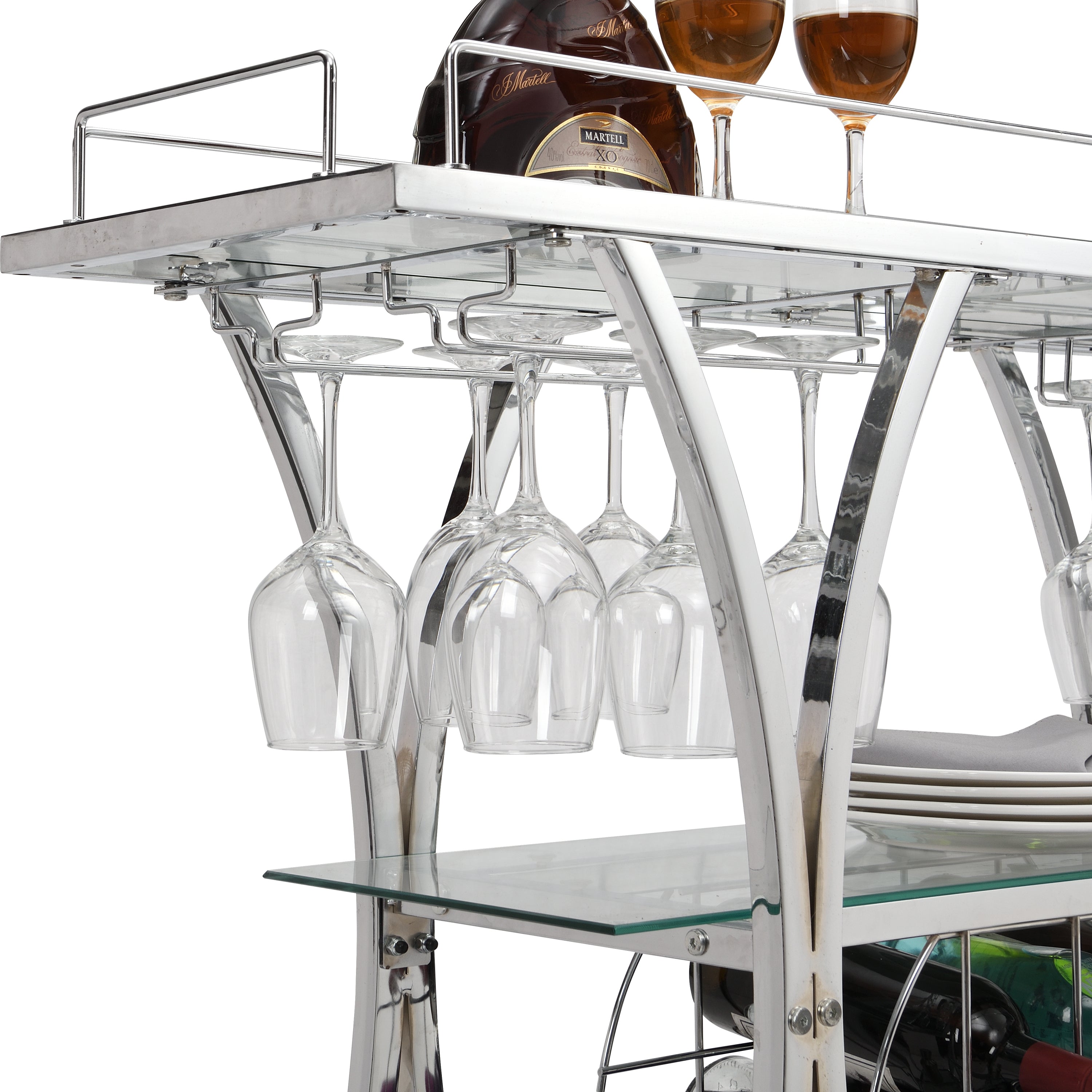Cart with Wine Rack Silver Glass Metal Frame Wine Cabinet