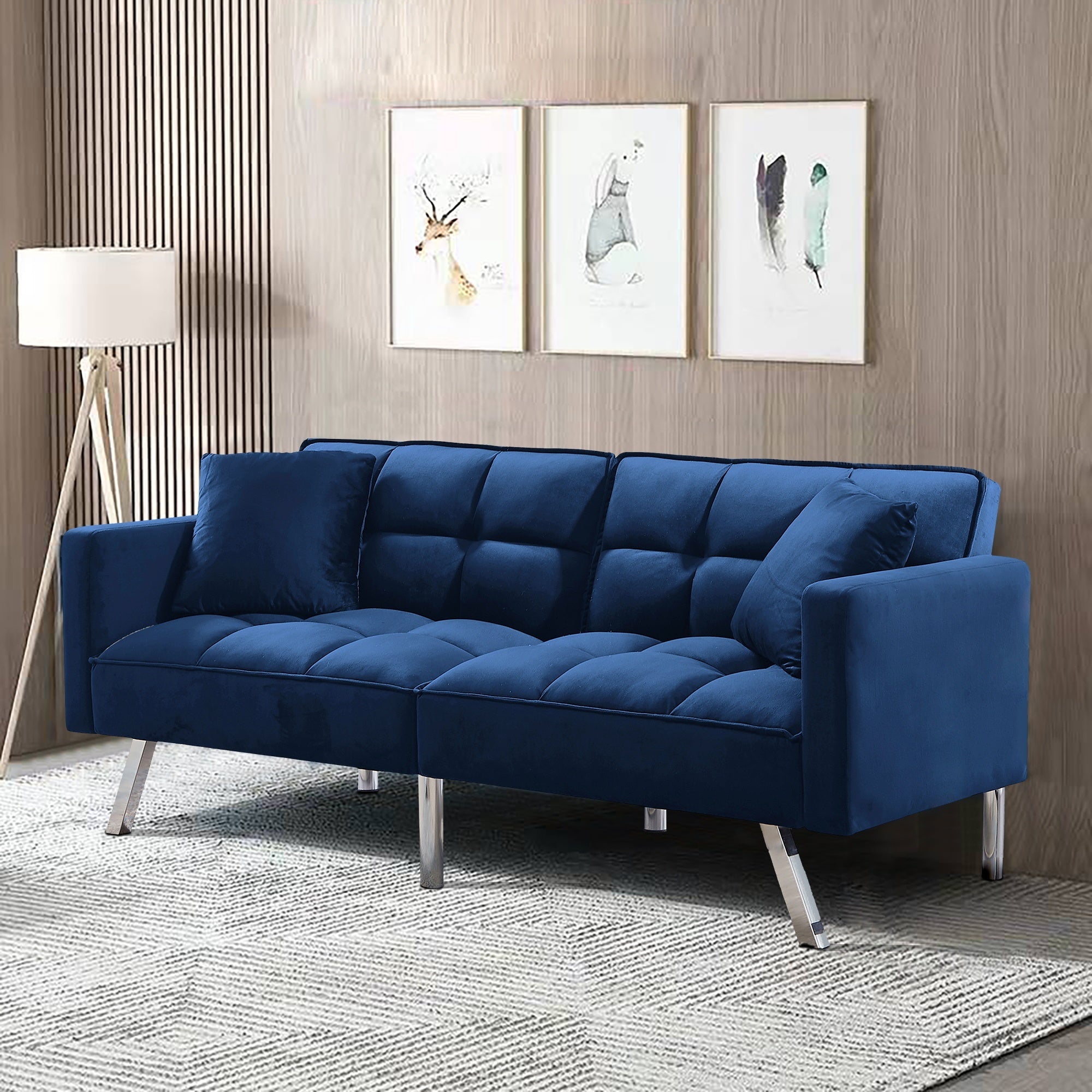 Velvet Sofa Bed with 2 Pillows (Navy Blue)