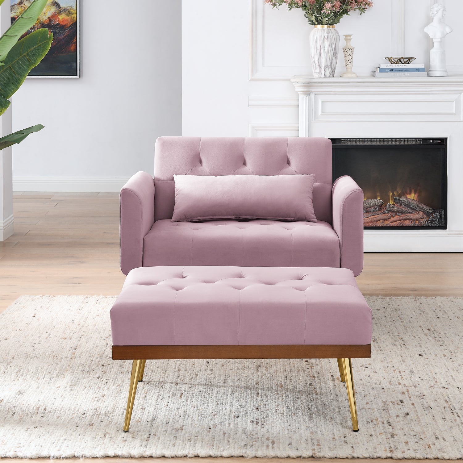 Recline Sofa Chair with Ottoman, Two Arm Pocket and Wood Frame include 1 Pillow, Pink (40.5”x33”x32”)