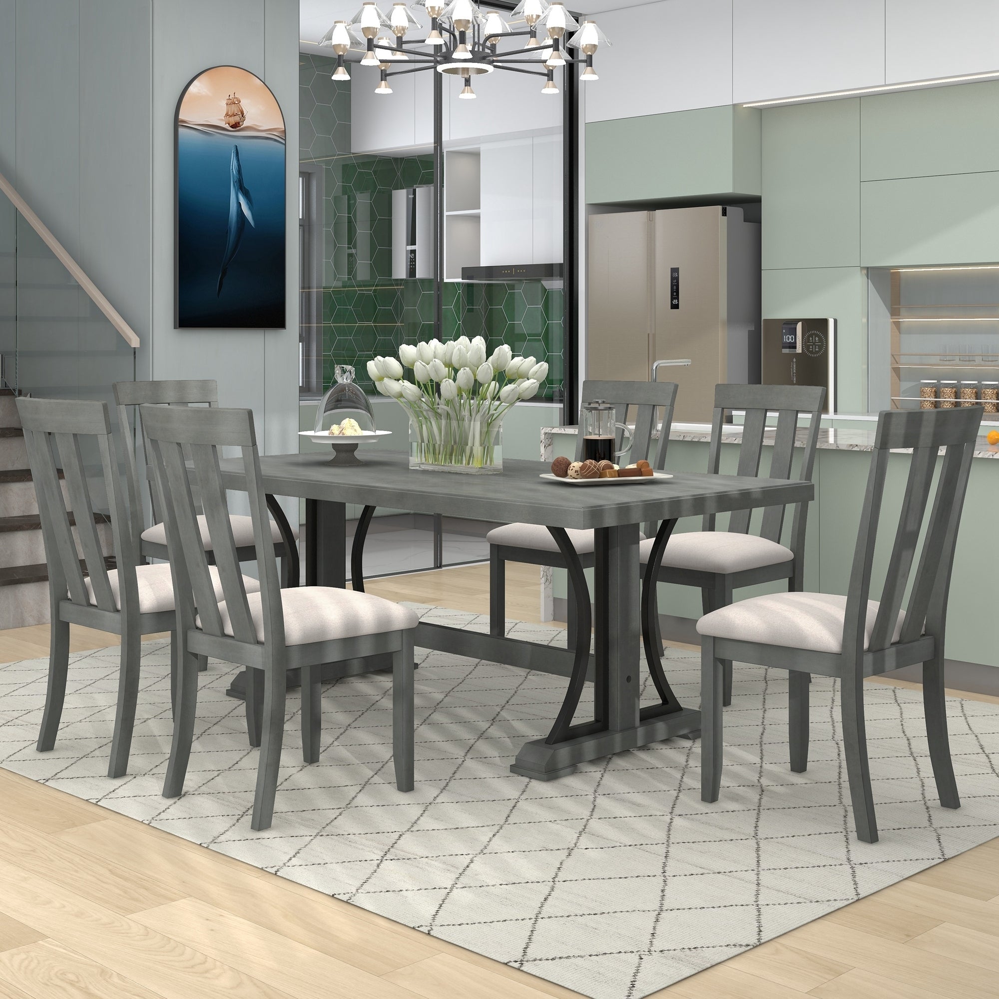 TREXM 7-Piece Retro Style Dining Table Set 78" Wood Rectangular Table and 6 Dining Chairs for Dining Room (Gray)