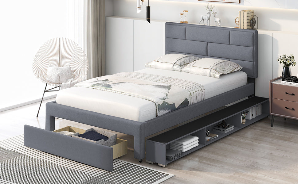 Full Size Linen Upholstered Platform Bed With a Drawer and Storage Shelves (Gray)
