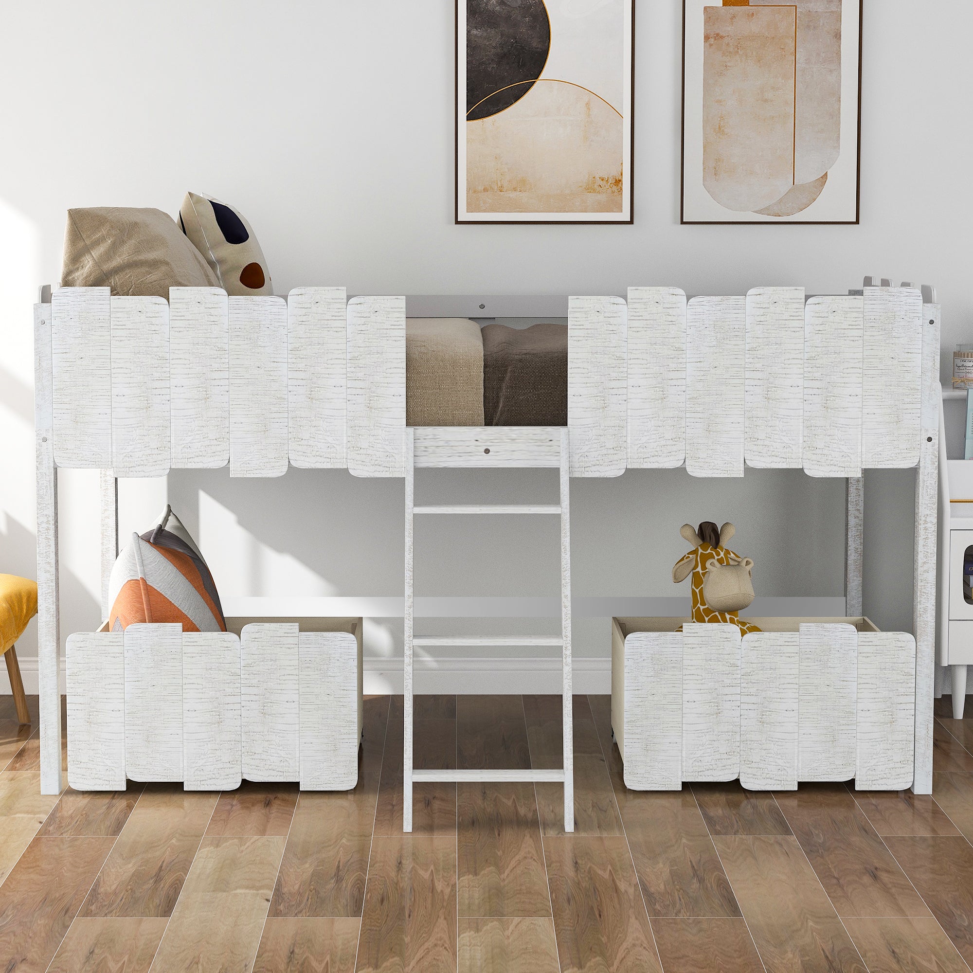 Twin Size Rustic Loft Bed with Two Drawers (White)