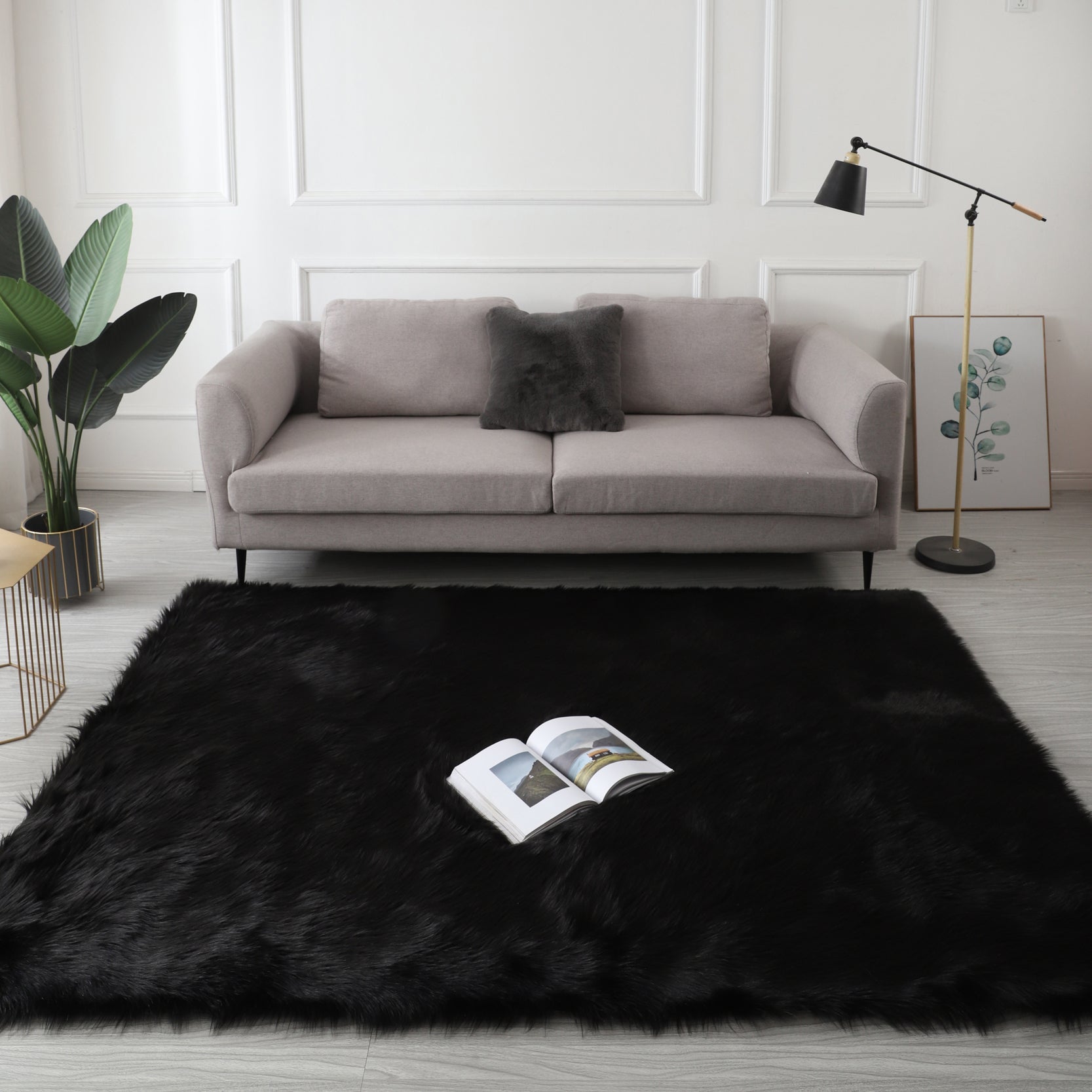 5' x 2.96' Cozy Collection Ultra Soft Fluffy Faux Fur Sheepskin Area Rug (Black)