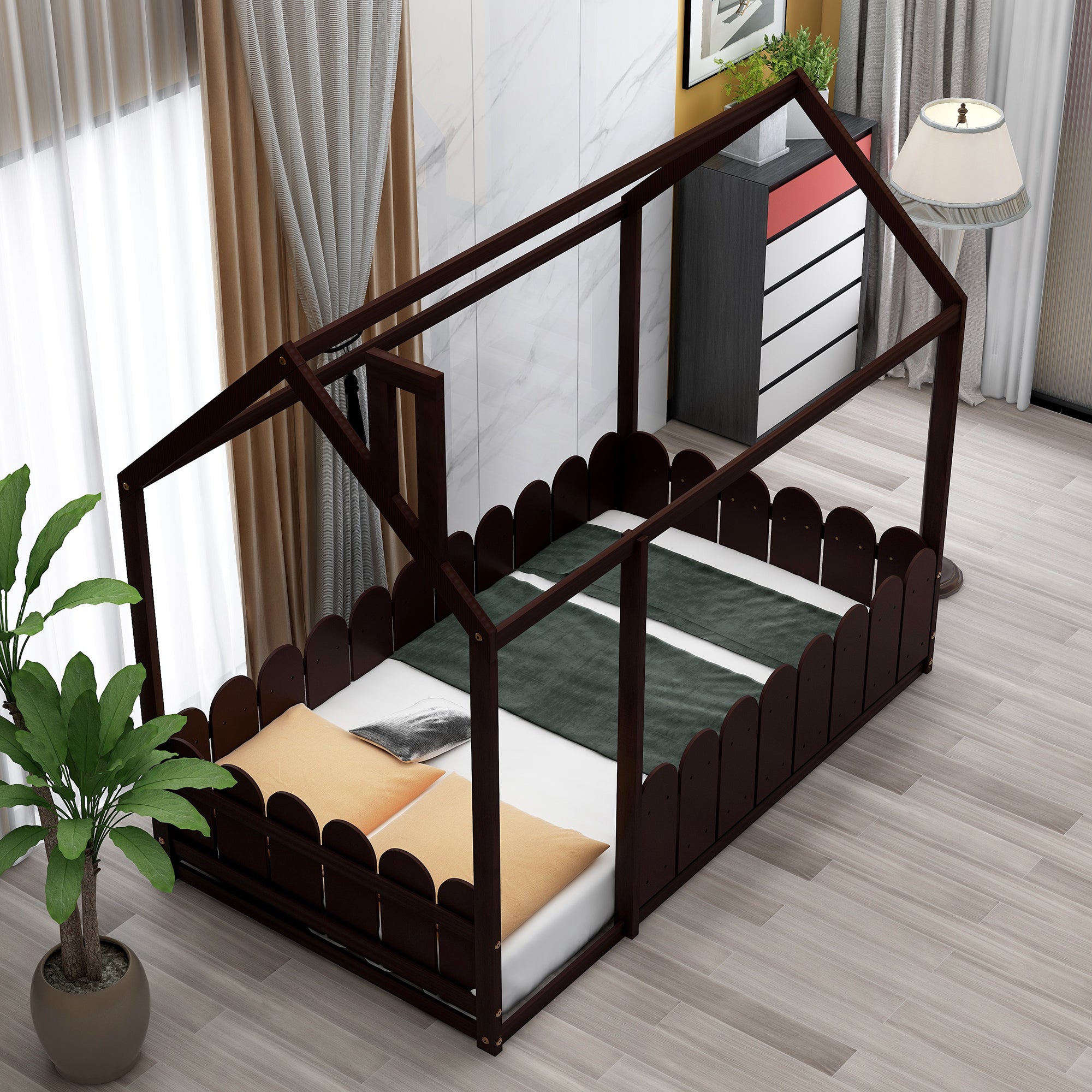 Twin Size Wood Bed House Bed Frame with Fence  (Espresso) (Slats are not included)