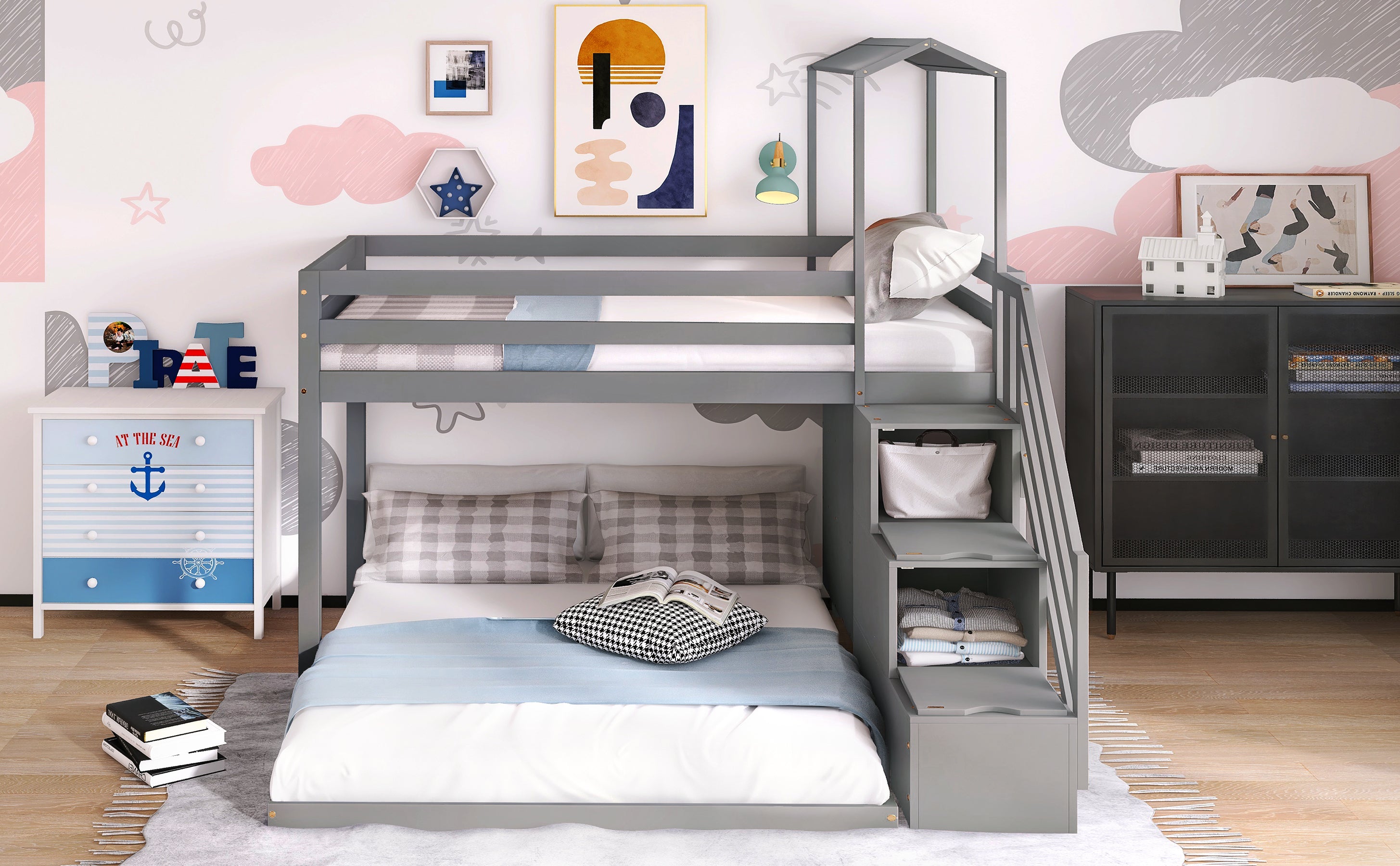 Twin over Full House Roof Bunk Bed with Staircase and Shelves (Gray)