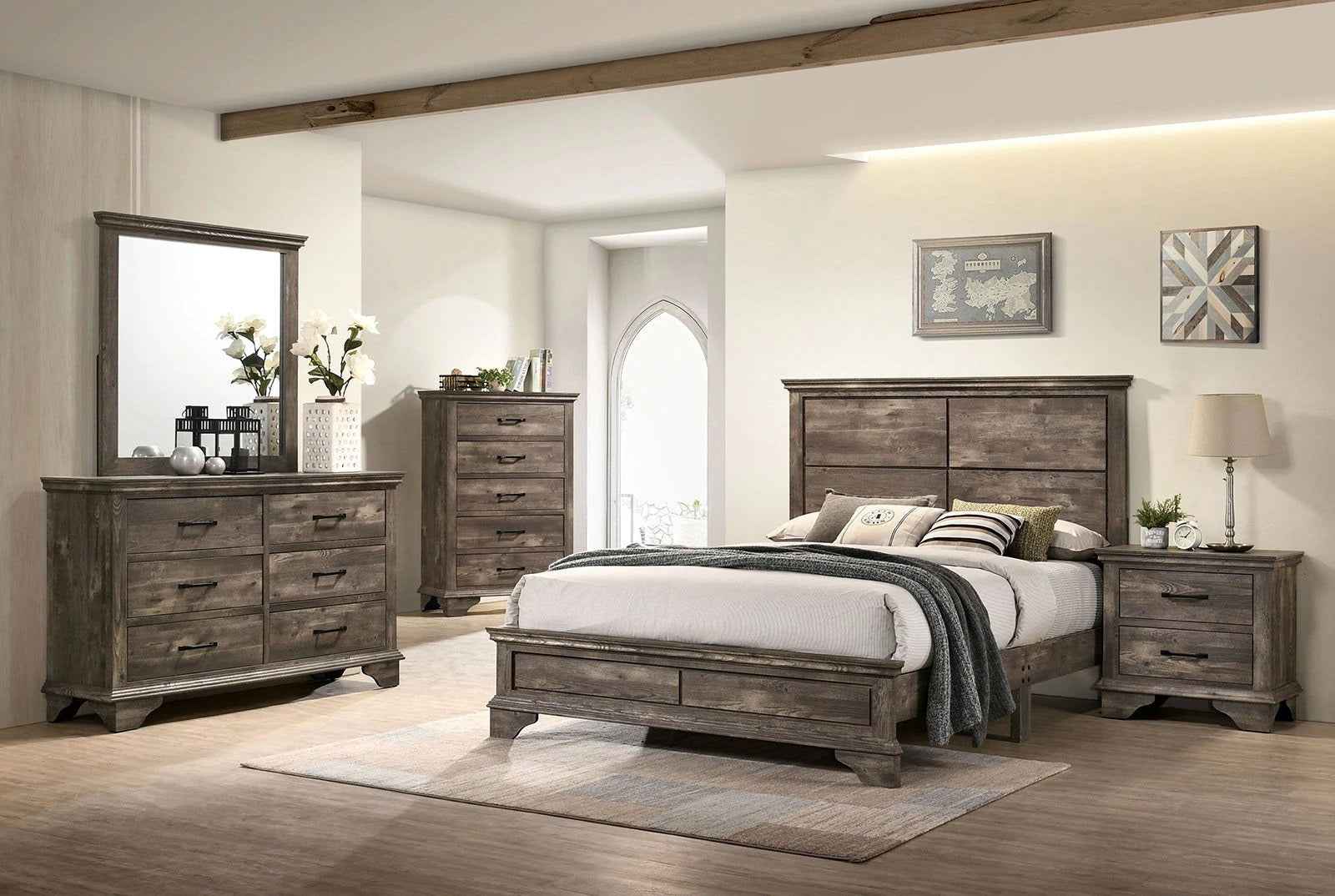 Solid Wood Veneer Matte Black Bar Pulls Replicated Wood Grain Bedroom