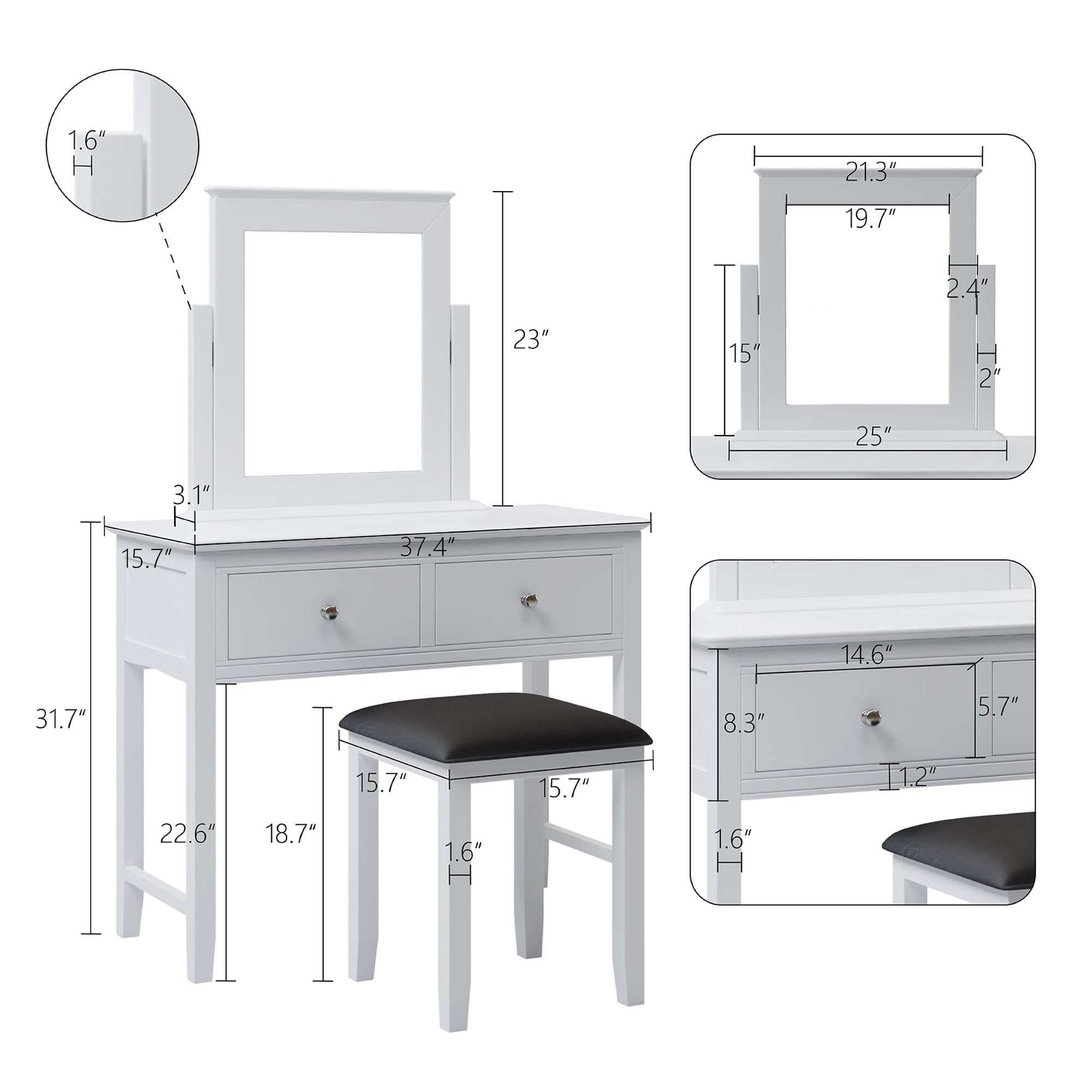 Makeup Vanity Table and Cushioned Stool Set (White)