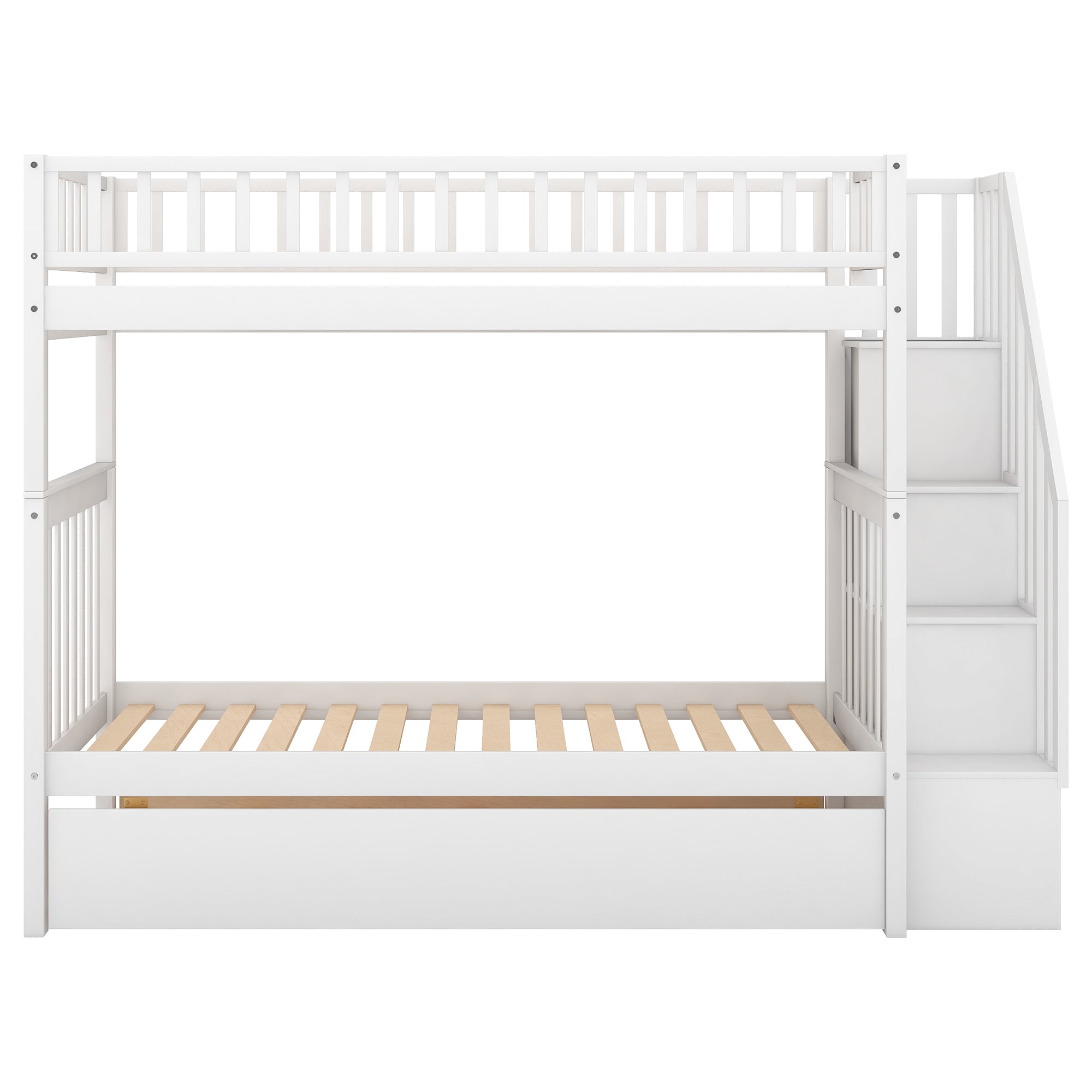 Twin over Twin Bunk Bed with Trundle and Storage (White)